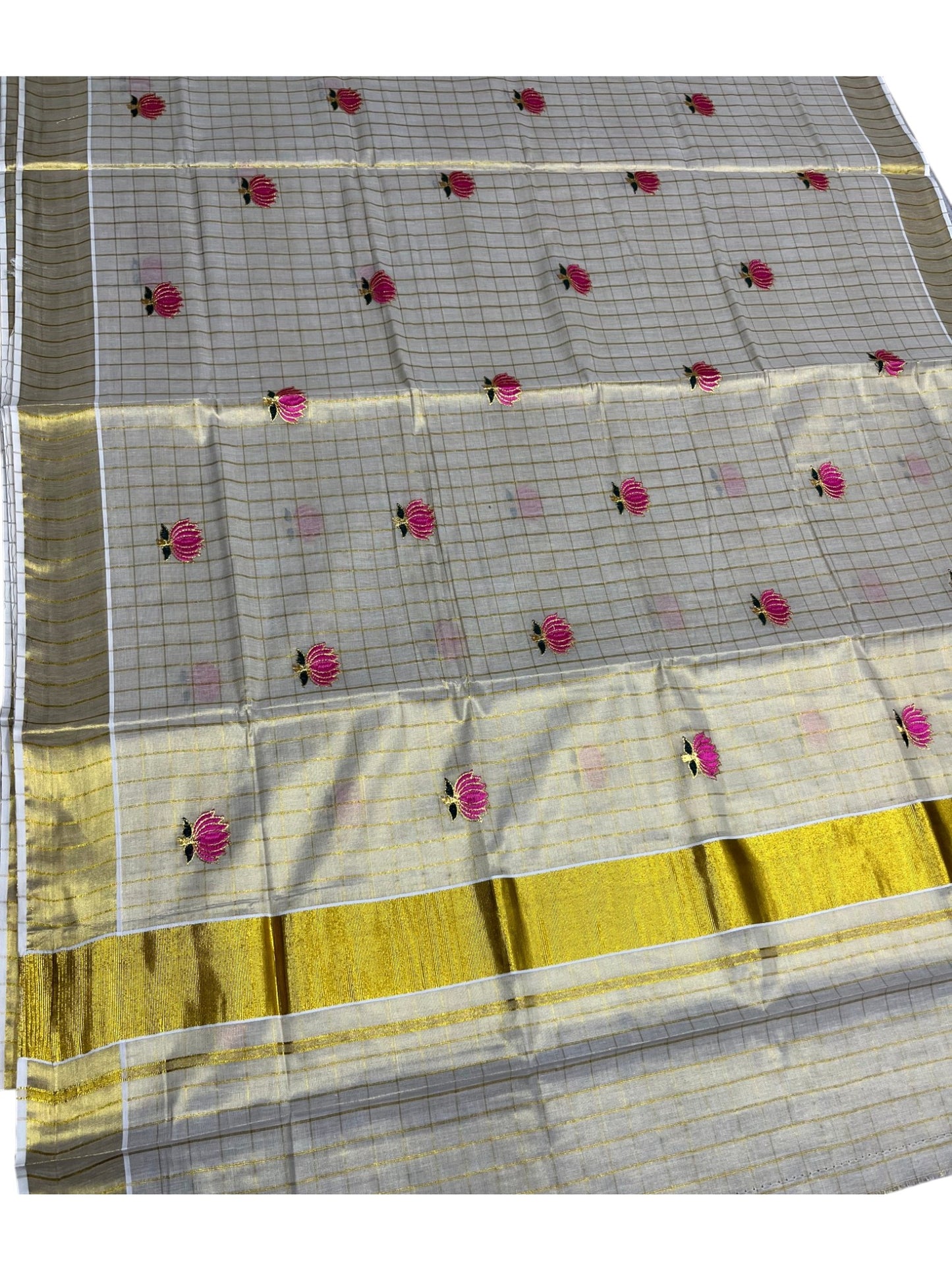 Southloom Kerala Tissue Kasavu Check Saree with Pink And Green Lotus Embroidary Works on Body