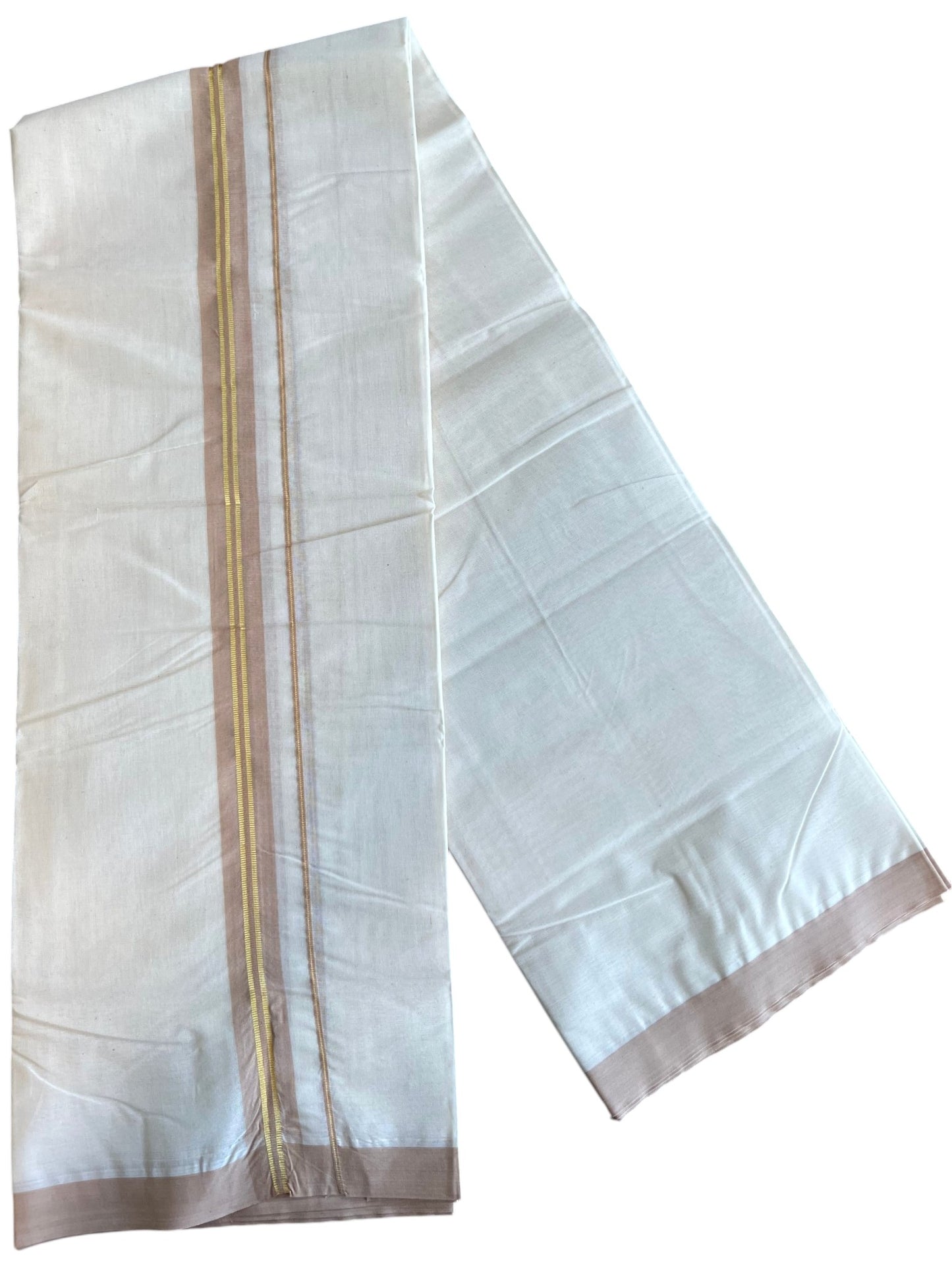 Southloom Pure Cotton Mundu with Golden Lines and Beige Border (South Indian Kerala Dhoti)