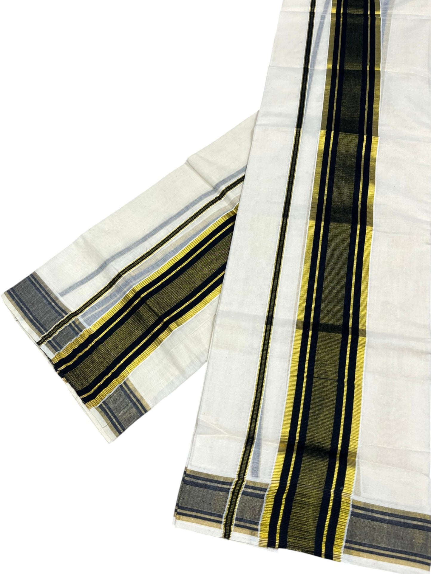 Southloom Kerala Cotton Kasavu Single Set Mundu (Mundum Neriyathum) with Black Kasavu Border SLKK