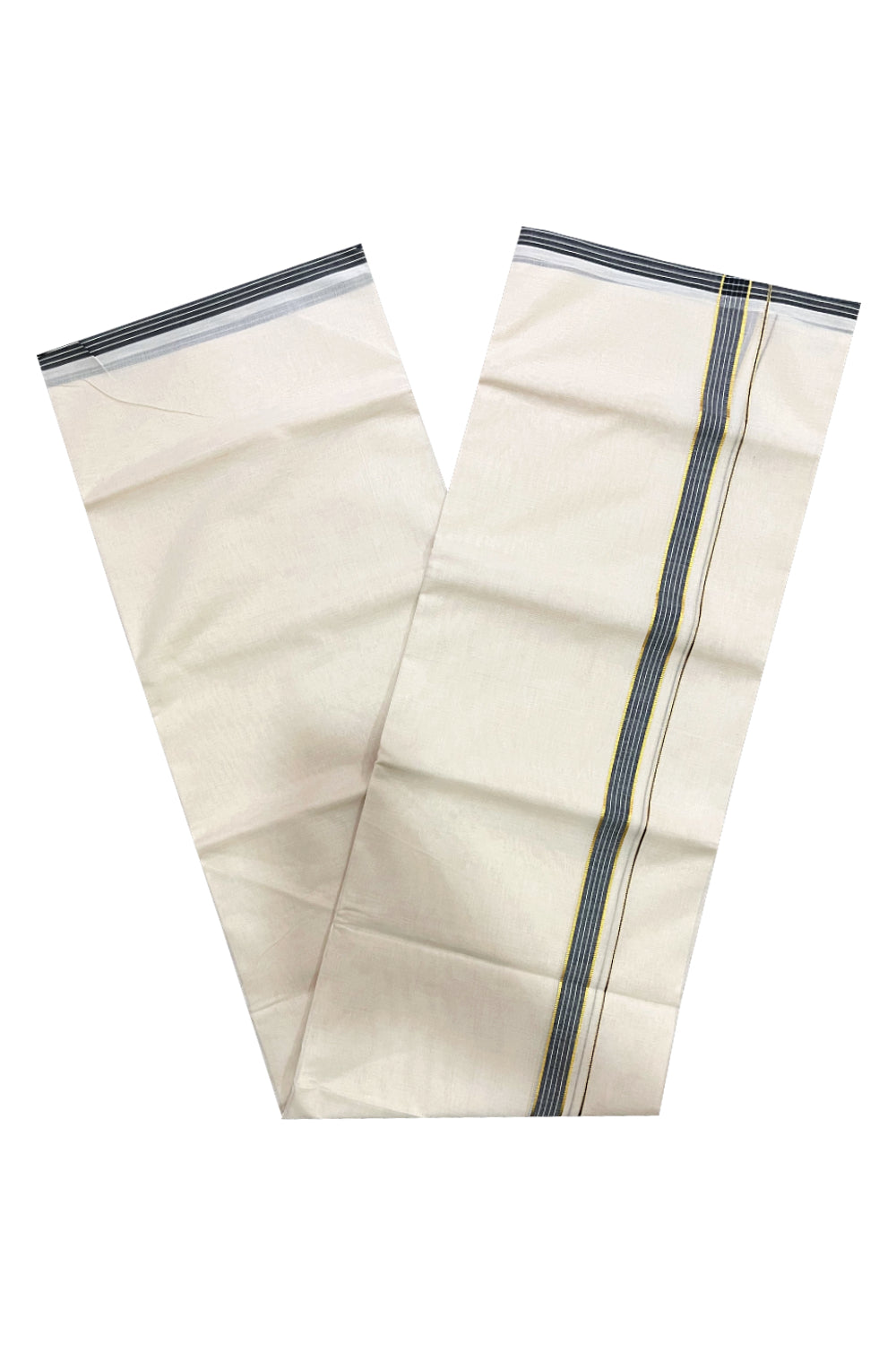 Pure Cotton 100x100 Double Mundu with Kasavu and Black Line Border (South Indian Kerala Dhoti)