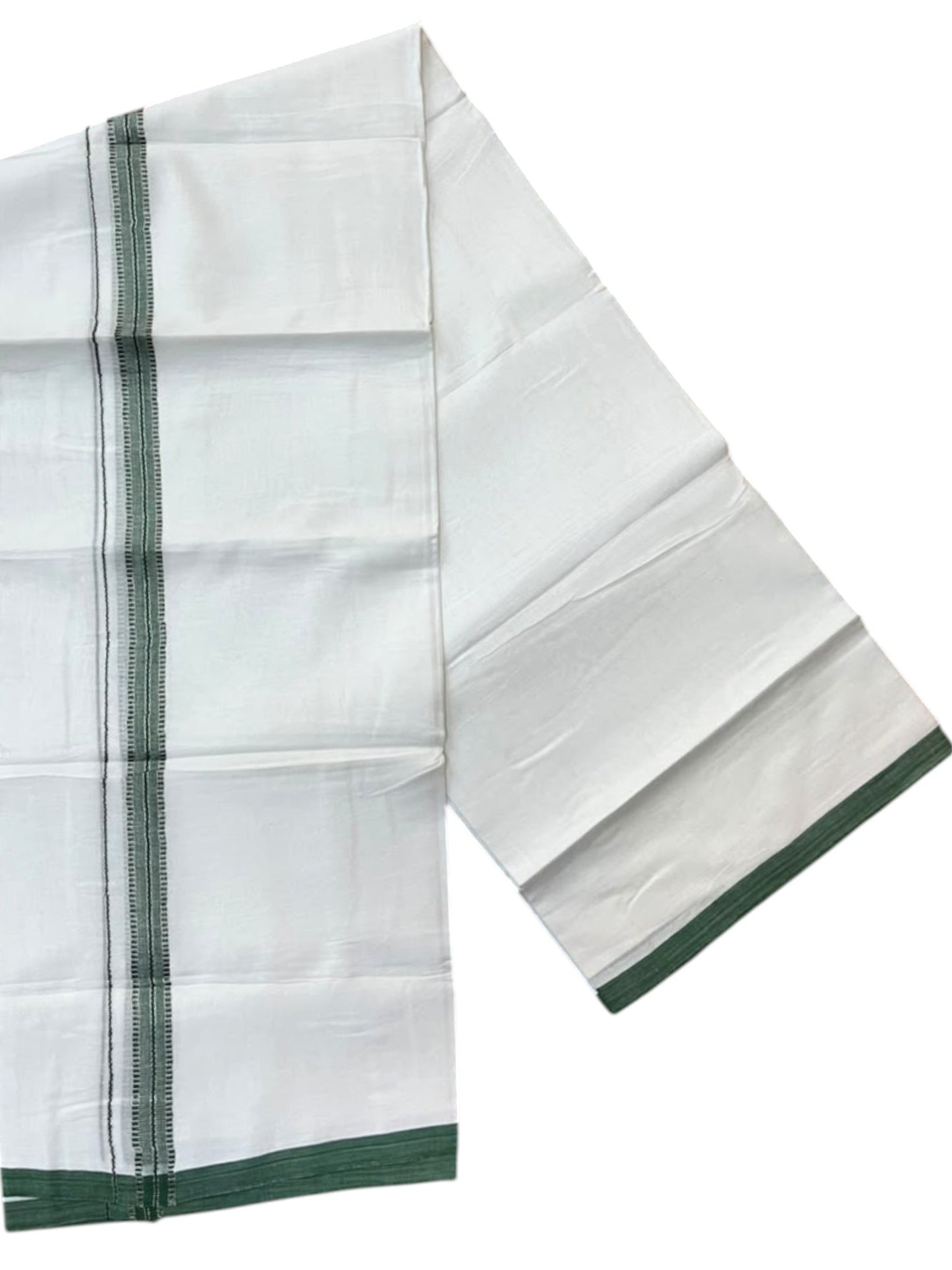 Southloom Pure White Cotton Mundu with Green & Silver Line Border (South Indian Kerala Dhoti)