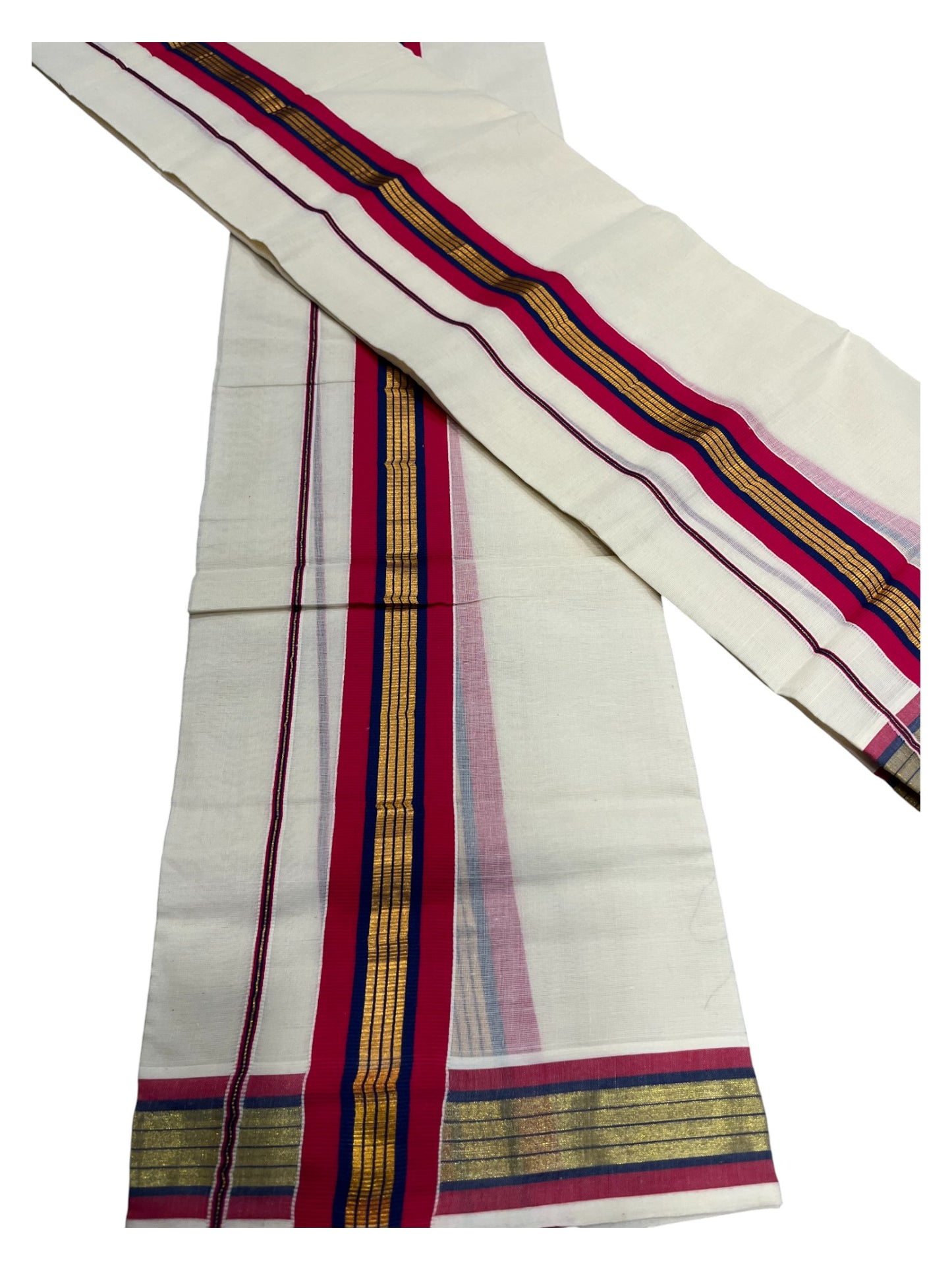 Kerala Cotton Kasavu Set Mundu (Mundum Neriyathum) with Magenta and Blue Border