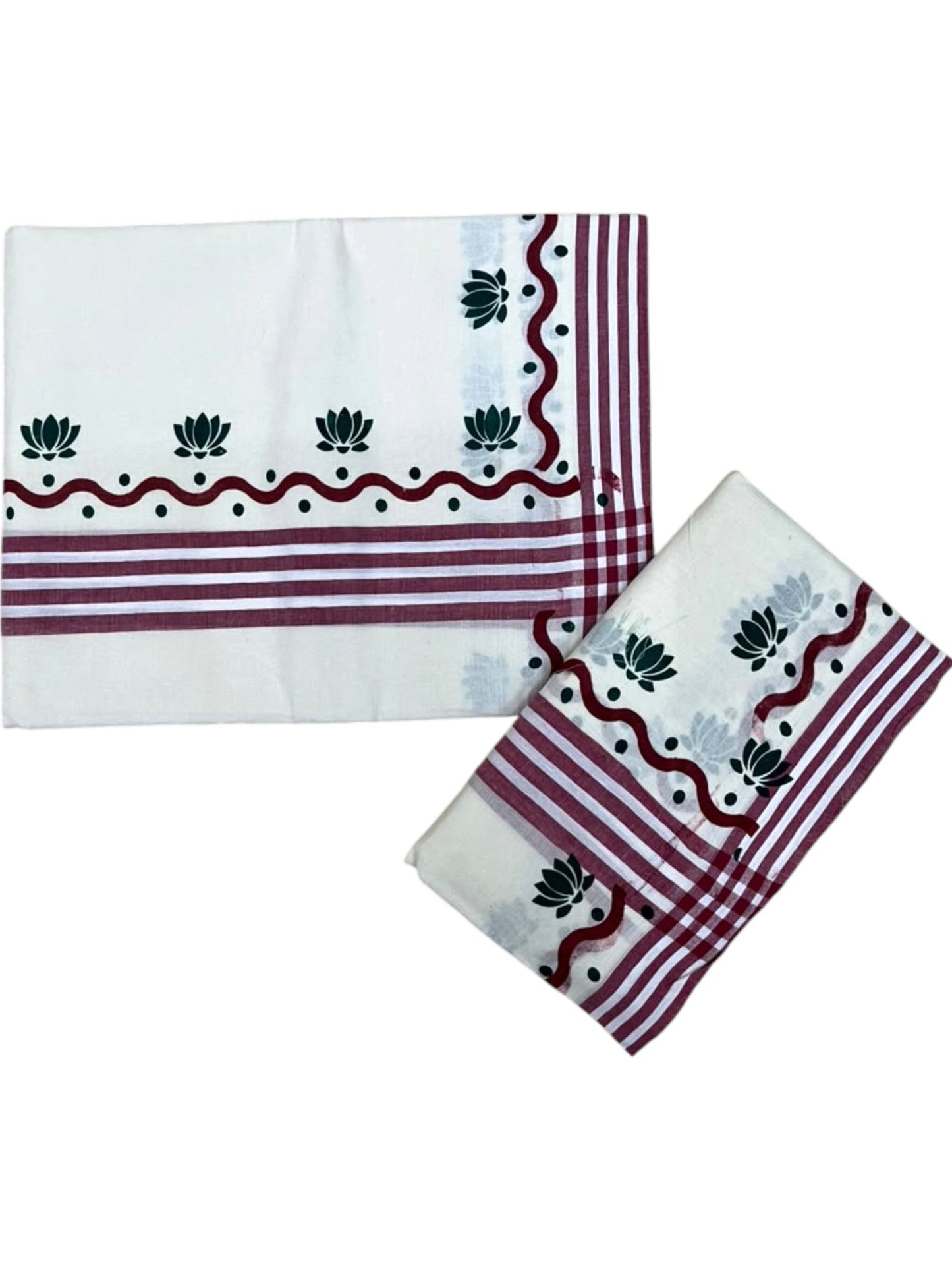 Southloom Pure Cotton Kerala Single Mulloth Set Mundu With Lotus Digital Print in Maroon and Green Border (Mundum Neriyathum) in 2.75 Mtrs SL371