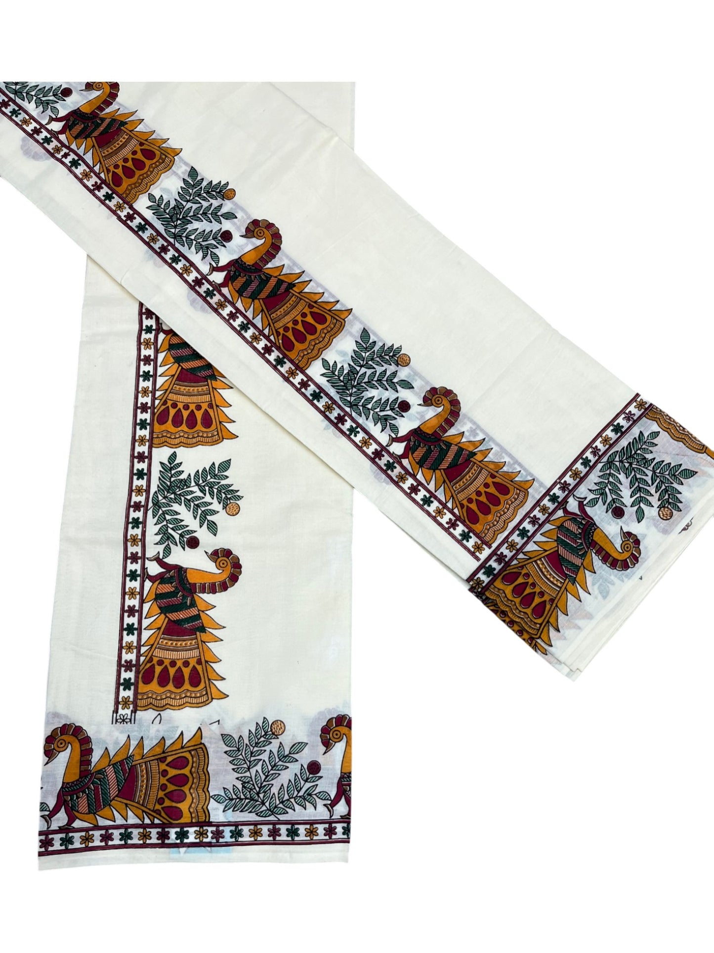Southloom Cotton Single Set Mundu (Mundu Neriyathum) With Peacock Print On Kasavu in 2.80 Mtrs