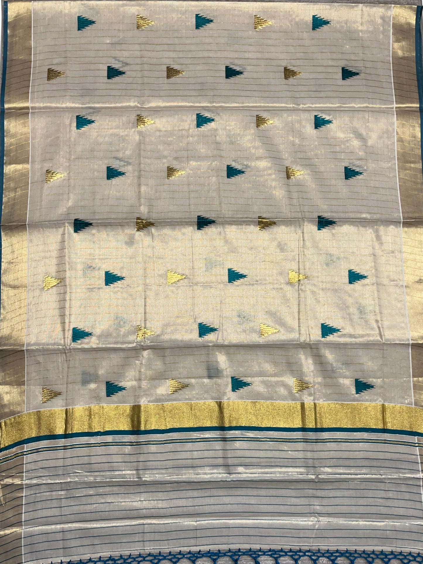Kerala Tissue Kasavu Stripes Saree with Peacock Green and Gold Temple Embroidery Design on Body