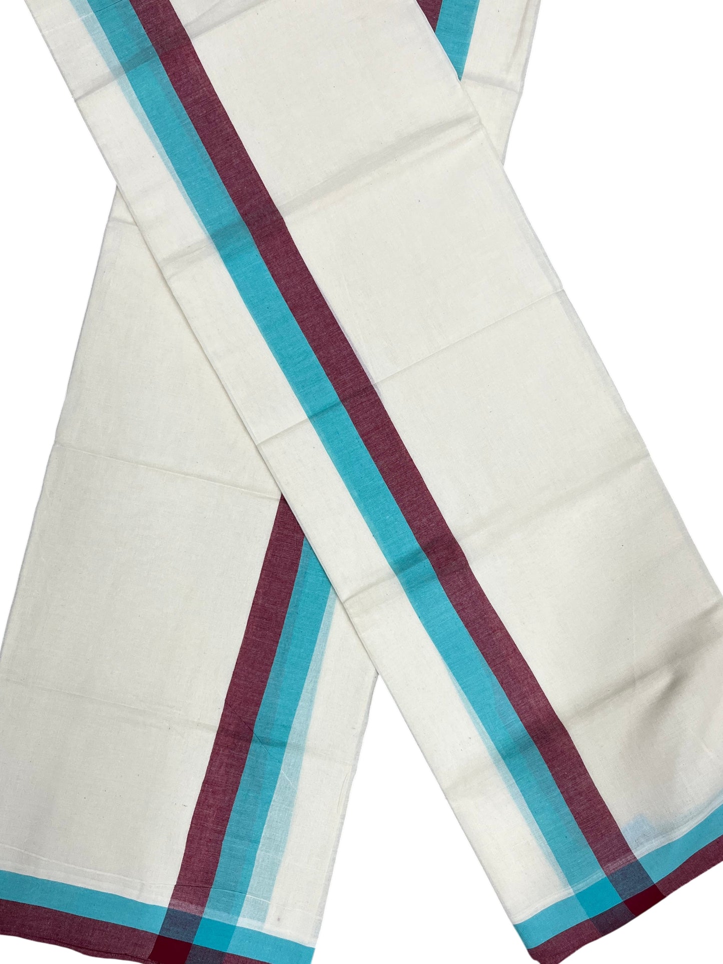 Southloom Pure Cotton Kerala Single Mulloth Set Mundu (Mundum Neriyathum) Maroon And Turquoise Border in 2.80 mtrs