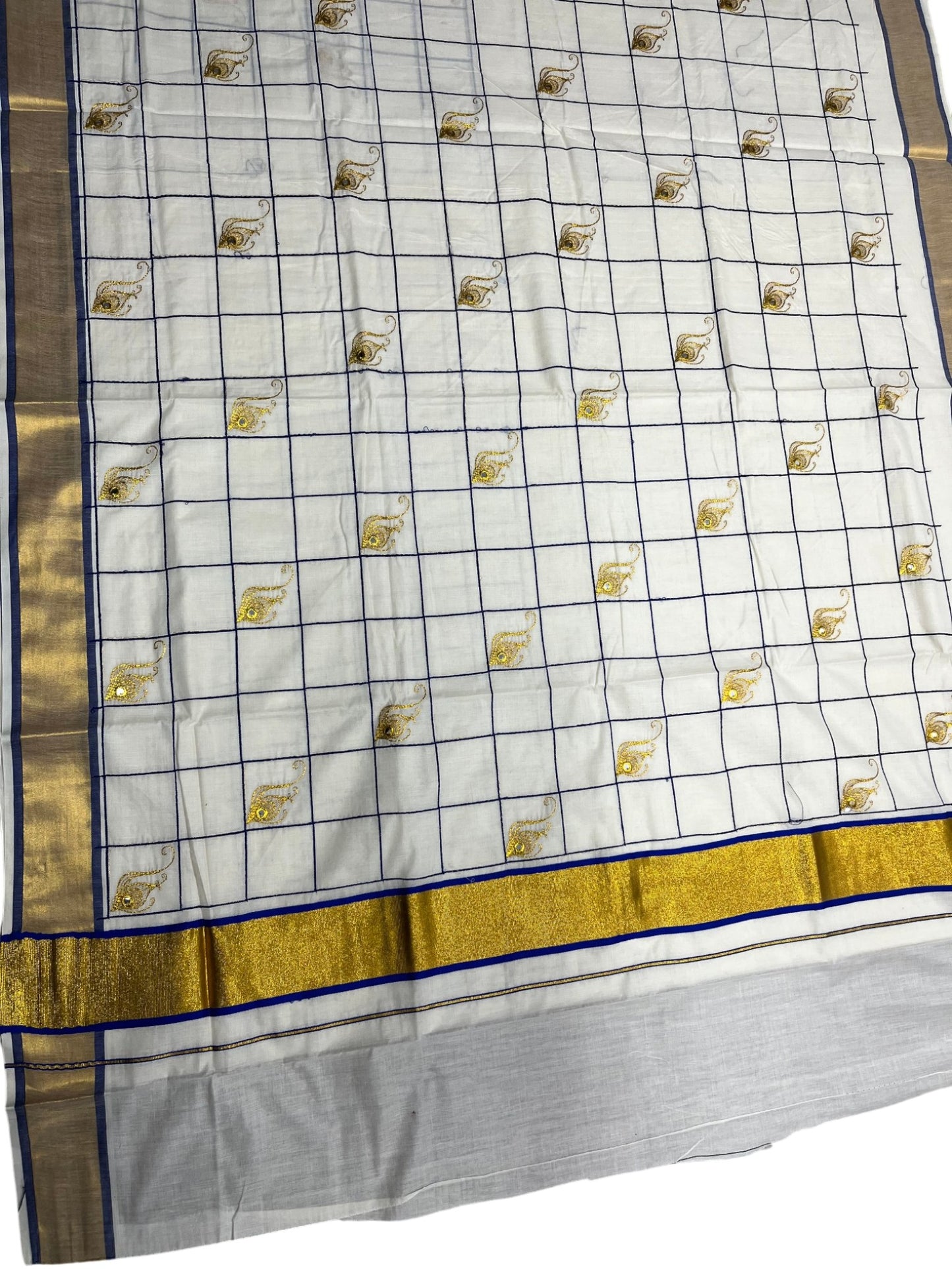 Southloom Cotton Kerala Kasavu Check Saree with Peacock Feather Embroidery Design in Blue