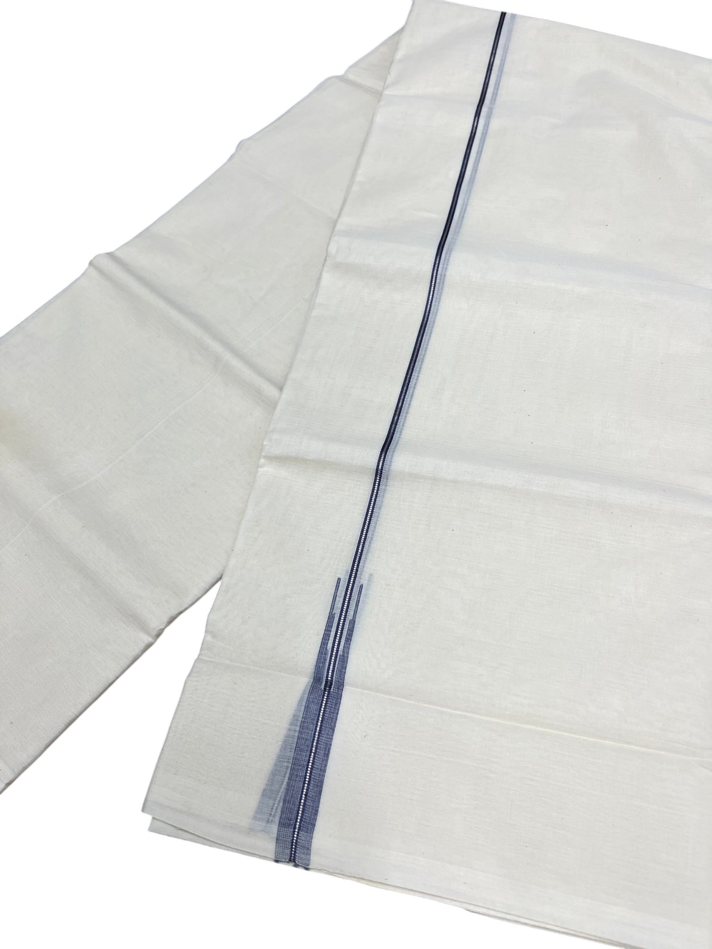 Kerala Pure Cotton Double Mundu with Blue And Silver Chutti Kara (South Indian Kerala Dhoti)