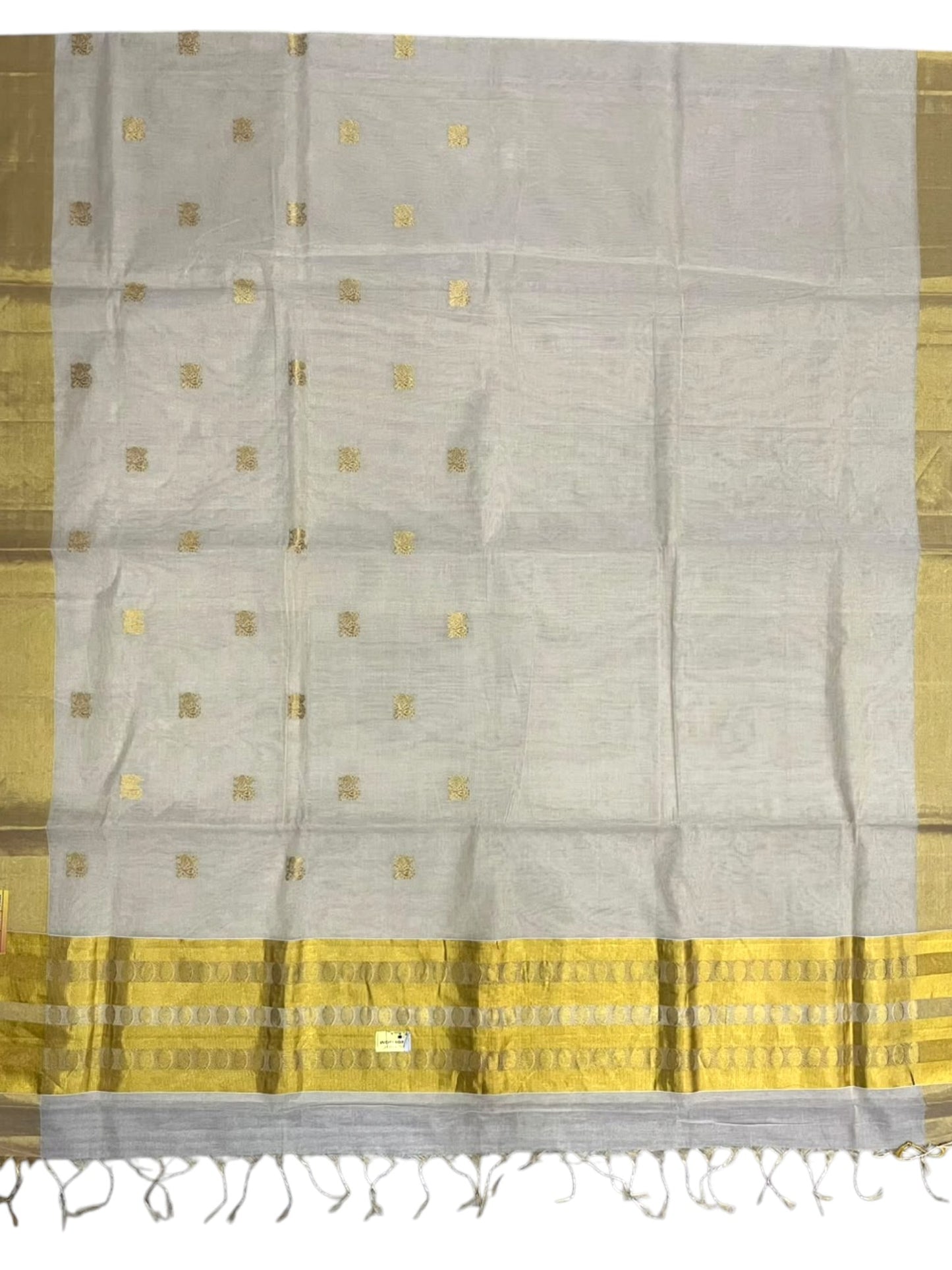 Southloom Super Premium Balaramapuram Handloom Tissue Saree with Golden Butta Work and Gold Polka Kasavu Border