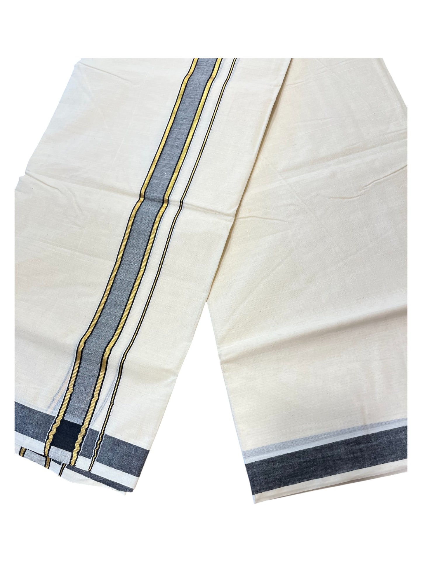 Southloom Pure Cotton  Double Mundu With Gold Kasavu &Gray Border (South Indian Kerala Dhoti)