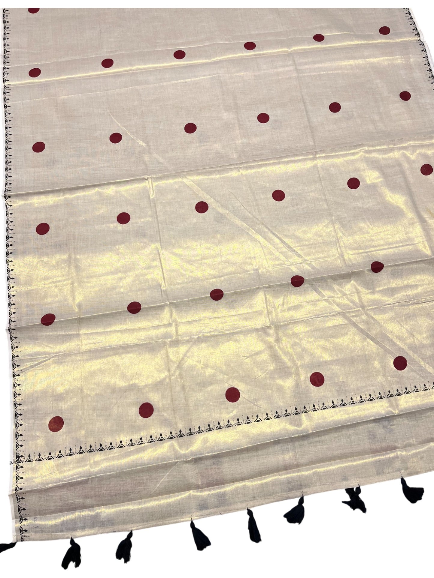 Southloom Kerala Tissue Kasavu Saree With Maroon Polka Dots on Body