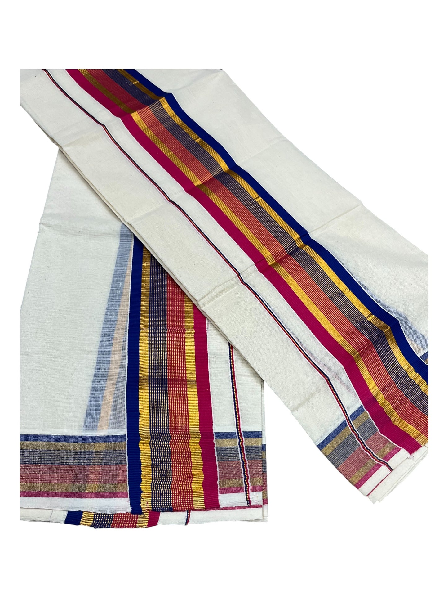 Kerala Cotton Kasavu Set Mundu (Mundum Neriyathum) with Pink and Blue Border 2.80 Mtrs