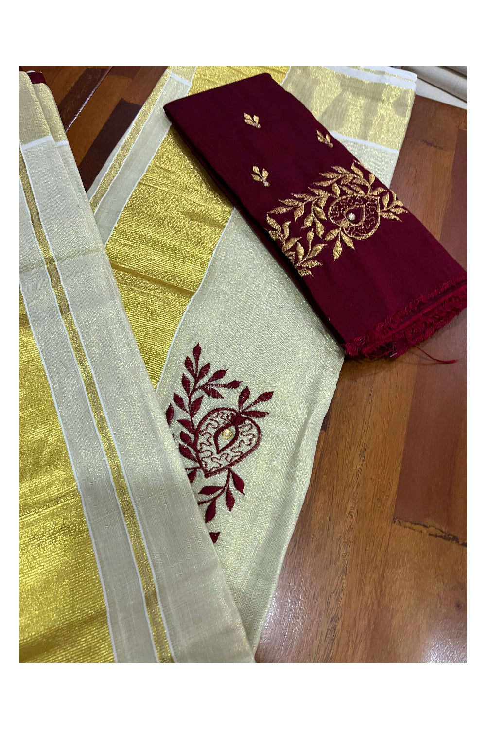 Kerala Tissue Kasavu Set Mundu (Mundum Neriyathum) with Handwork Embroidery Design and Maroon Blouse Piece