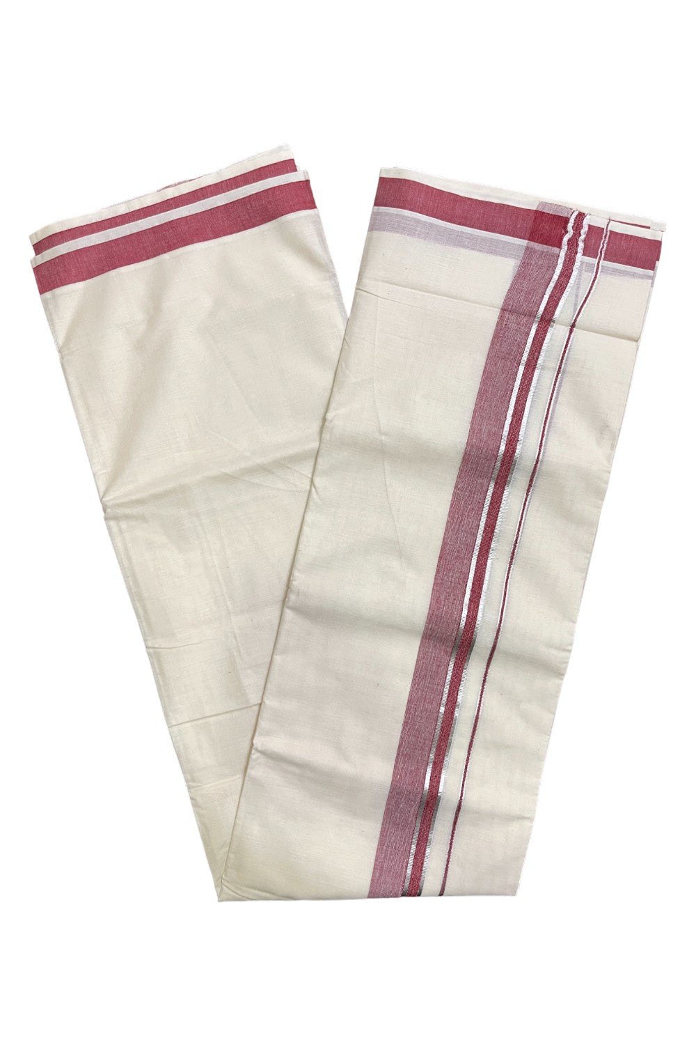 Kerala Pure Cotton Double Mundu with Silver Kasavu and Maroon Border (South Indian Kerala Dhoti)