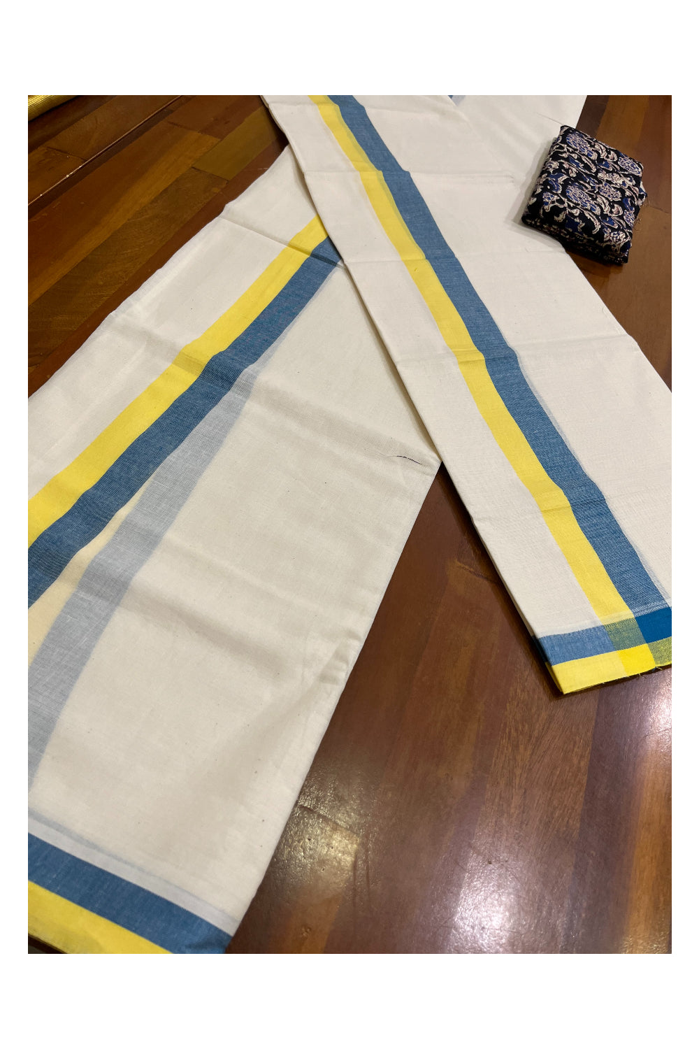 Southloom Mulloth Soft Cotton Blue Yellow Border Set Mundu with Jaipur Printed Blouse Piece (2.60 M Neriyathu / Blouse 1 Meter)