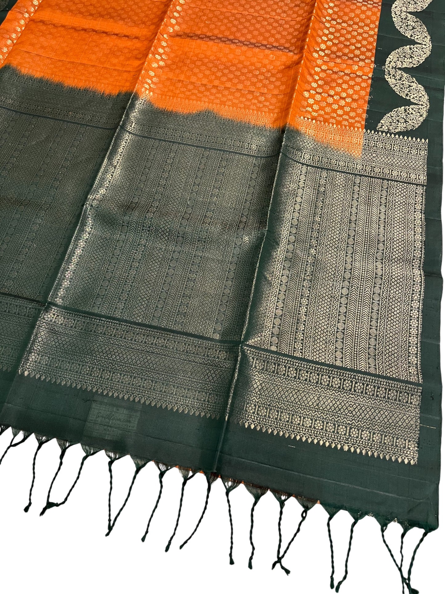 Southloom Pure Handloom Bridal Kanchipuram Silk Saree with Korvai Work (Orange & Green)