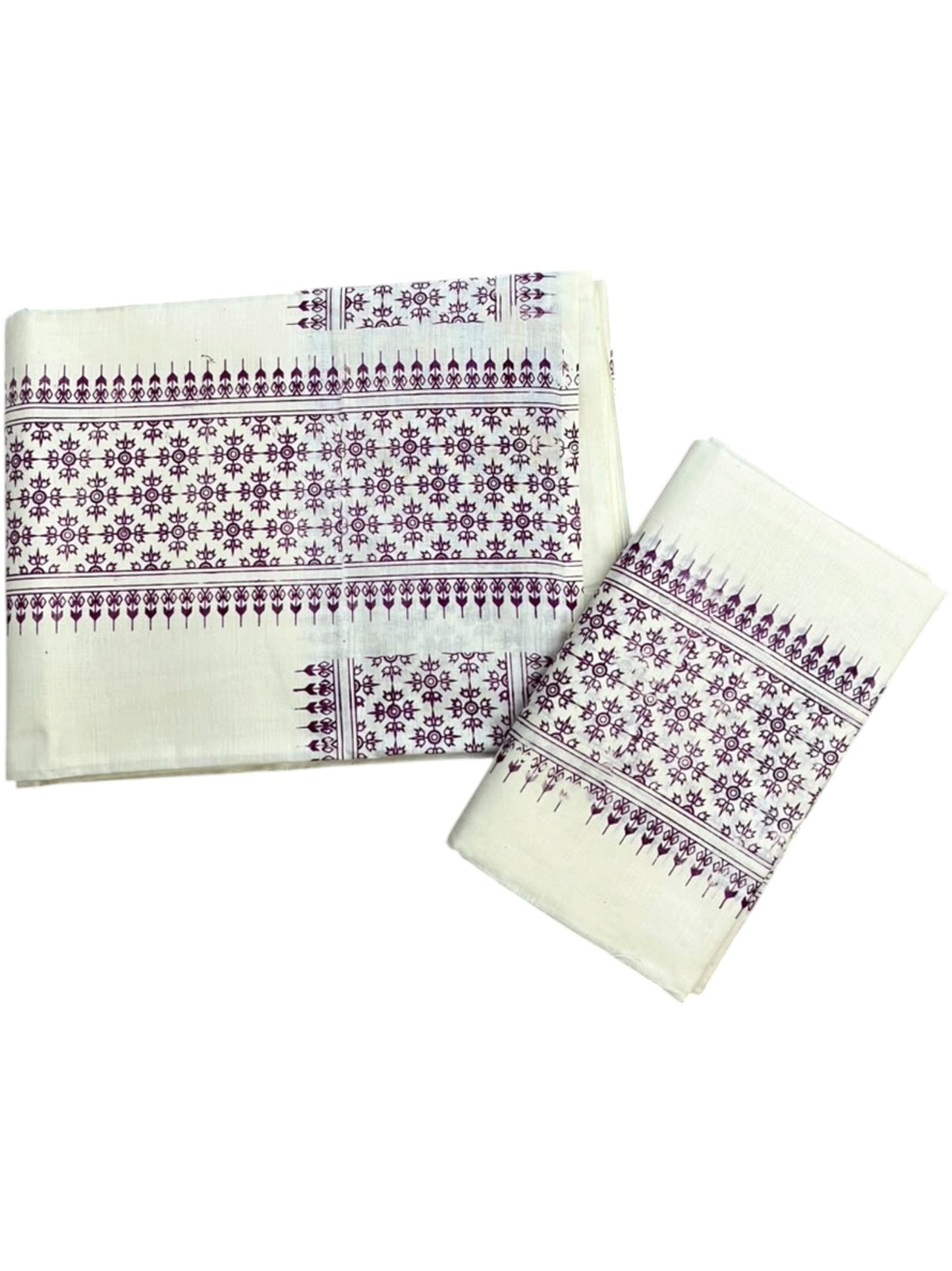 Southloom Kerala Cotton Set Mundu (Mundum Neriyathum) with Purple Floral Prints on Border-2.80Mtrs SL625