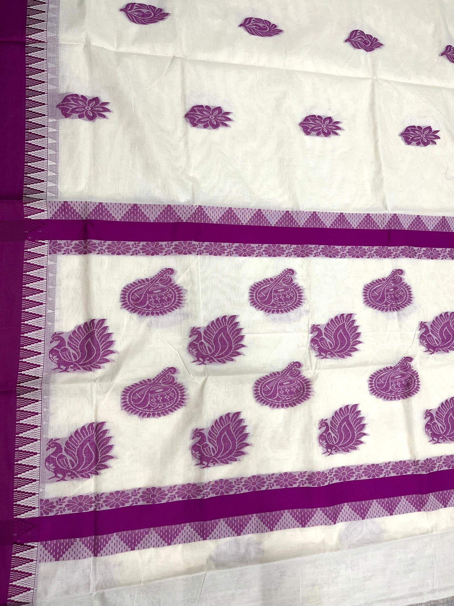 Southloom Pure Cotton Kerala Saree with Voilet Heavy Woven Designs and Temple Border