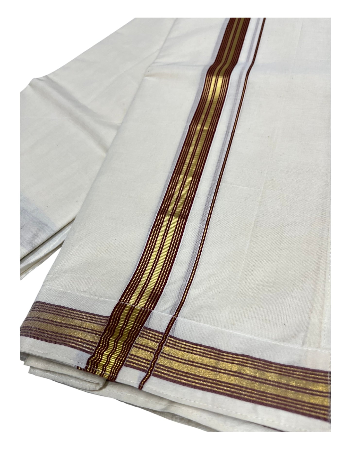 Southloom Kerala Cotton Velcro Double Mundu with Maroon And Gold Kasavu Border (South Indian Kerala Dhoti)