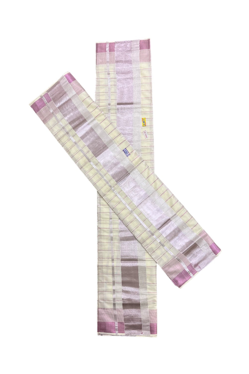 Kerala Cotton Set Mundu (Mundum Neriyathum) with Rose Copper Kasavu Checks Across Body 2.80 Mtrs