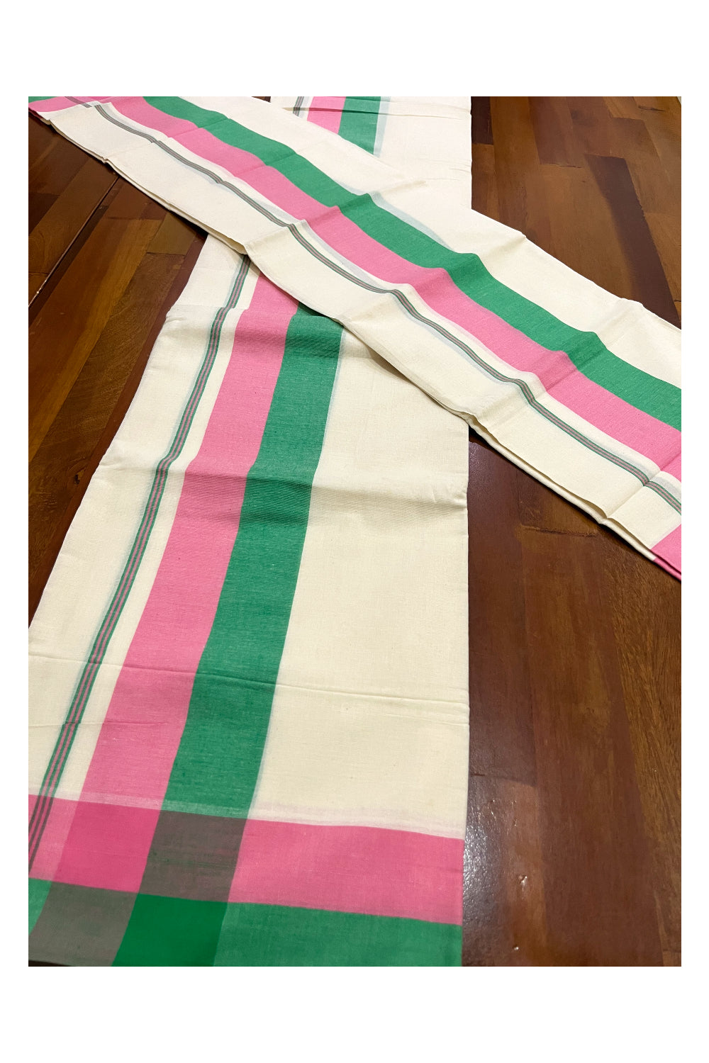 Pure Cotton Mundum Neriyathum Double (Set Mundu) with Green and Pink Border