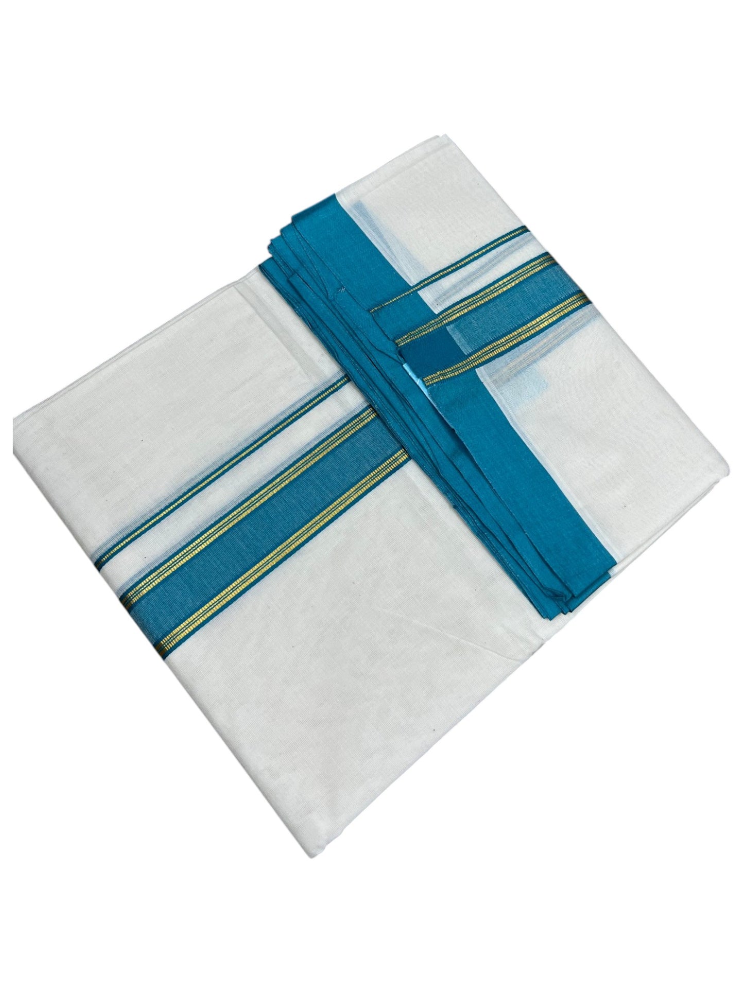 Southloom Pure Cotton Mundu with Gold Lines and Blue Border (South Indian Kerala Dhoti)