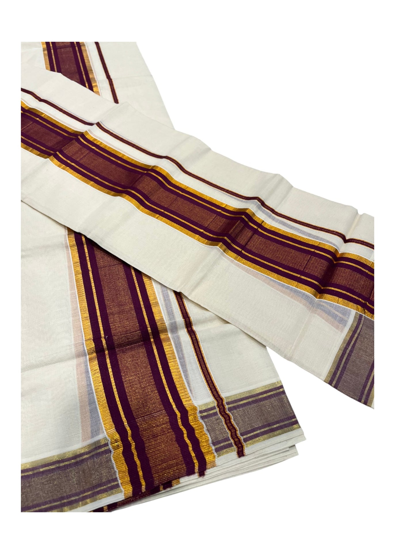 Southloom Kerala Cotton Set Mundu (Mundum Neriyathum) with Kasavu and Purple Border 2.80 Mtrs
