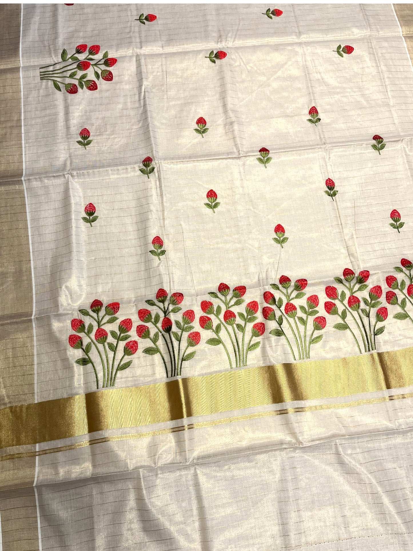 Southloom Tissue Kerala Kasavu Saree with Floral Embroidery Design