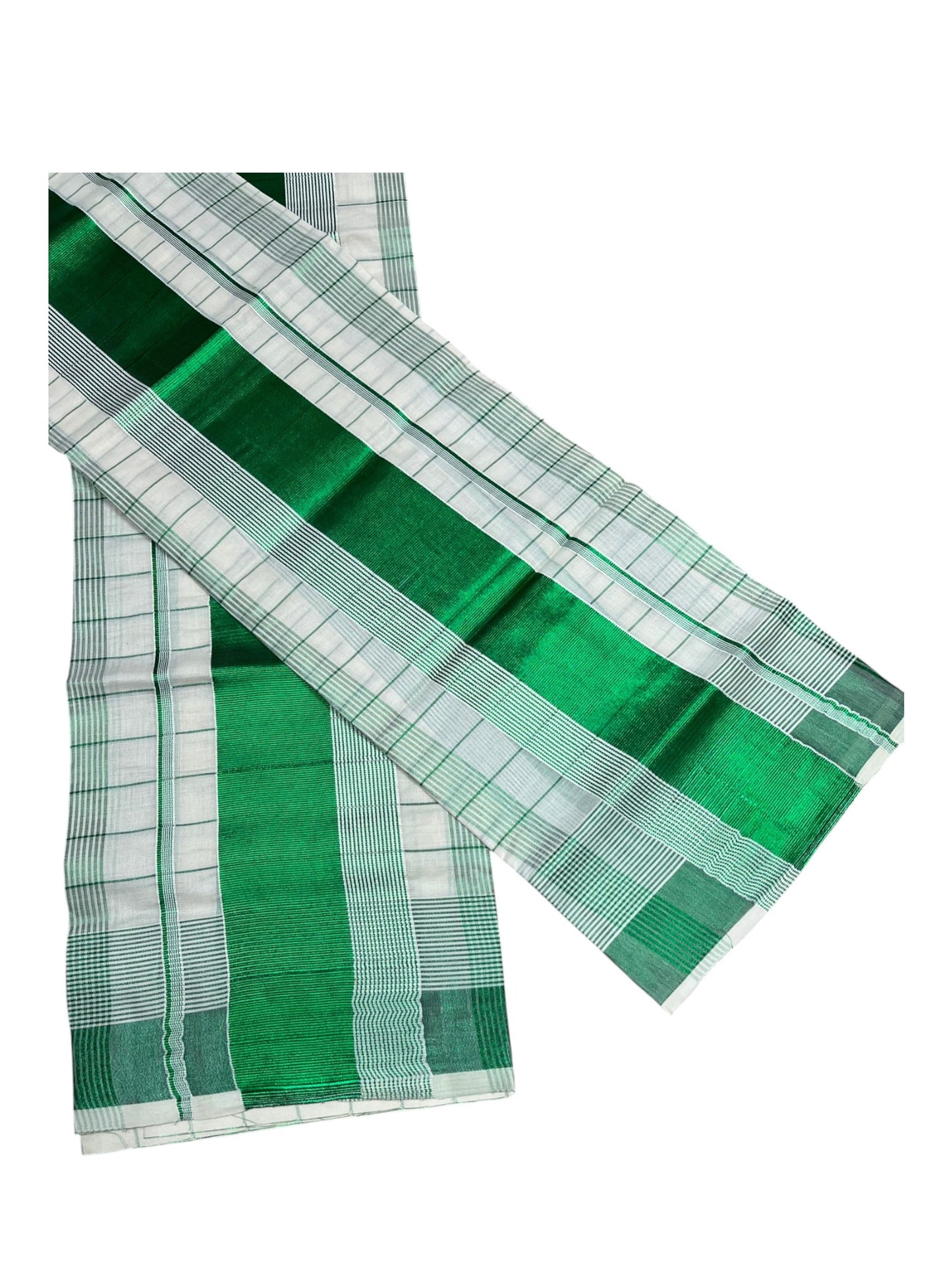 Southloom Kerala Cotton Set Mundu  (Mundum Neriyathum)  Green Kasavu Lines Across Body 2.80 Mtrs