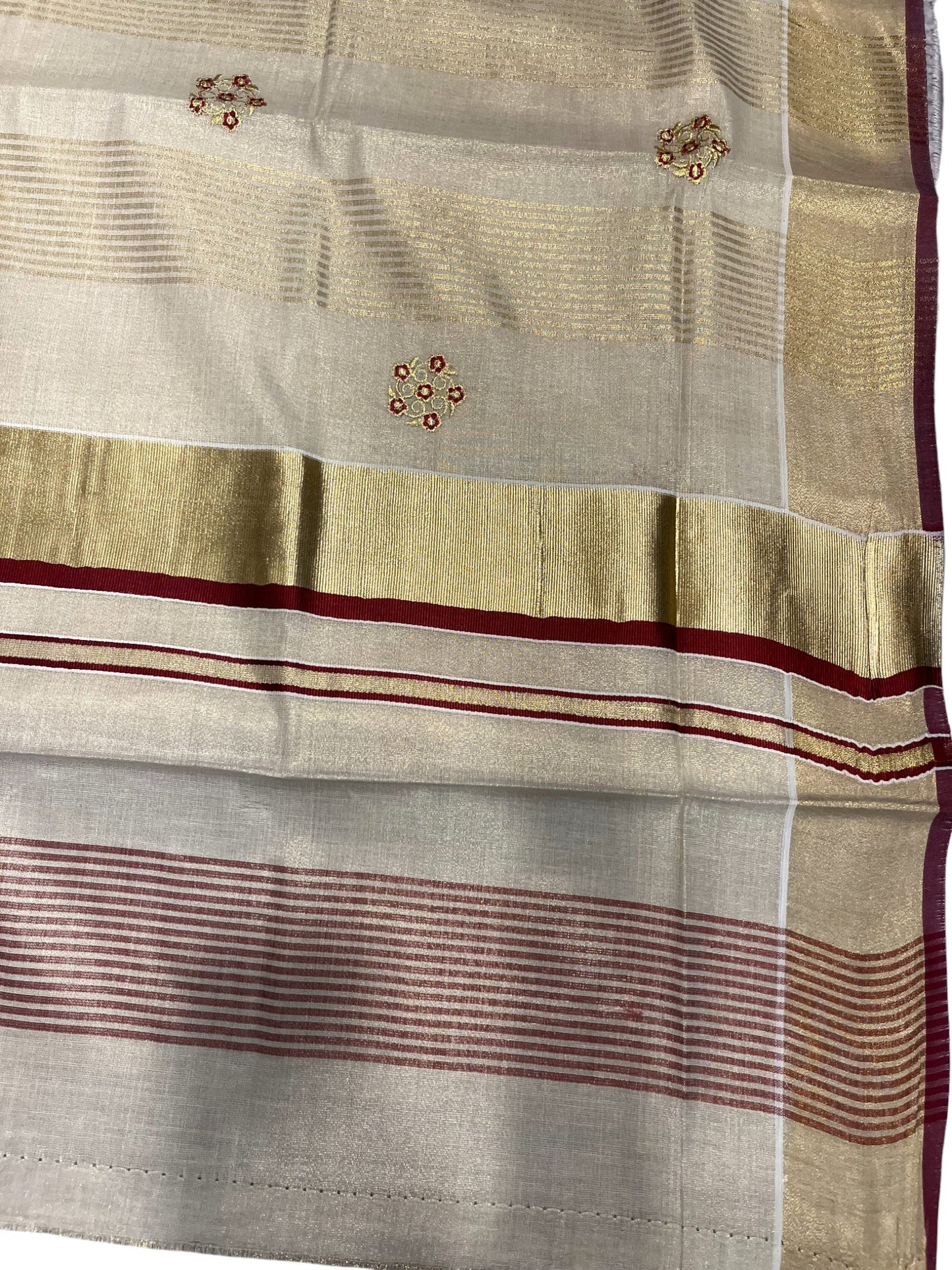 Kerala Tissue Kasavu Stripes Saree with Maroon and Gold Embroidery Design on Body