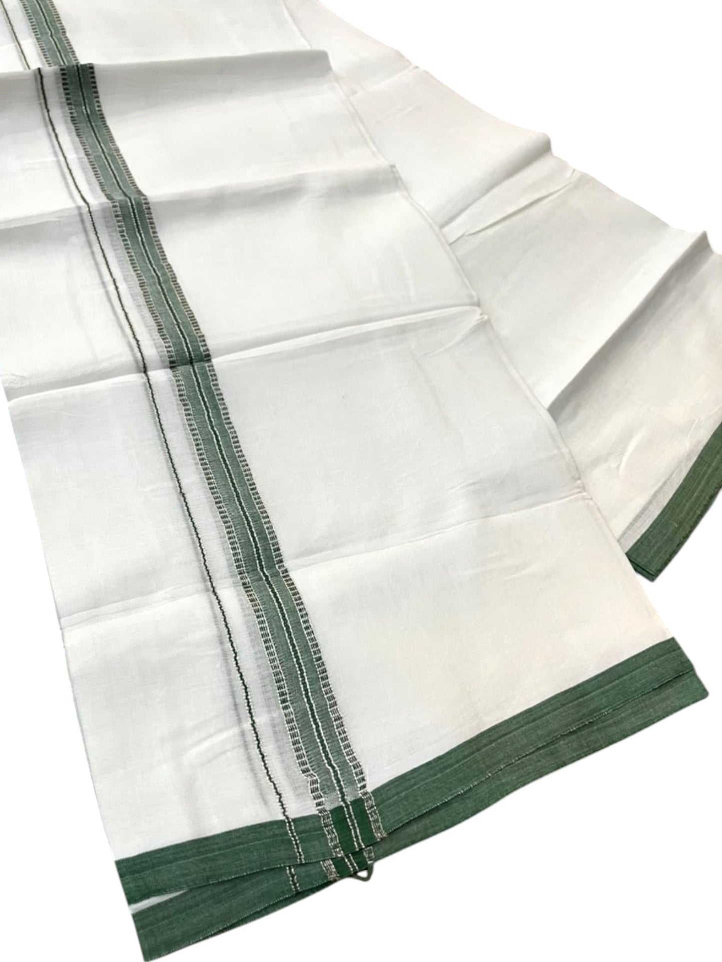 Southloom Pure White Cotton Mundu with Green & Silver Line Border (South Indian Kerala Dhoti)