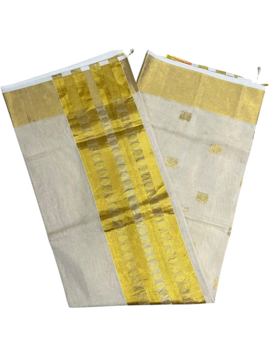 Southloom Super Premium Balaramapuram Handloom Tissue Saree with Golden Butta Work and Gold Polka Kasavu Border