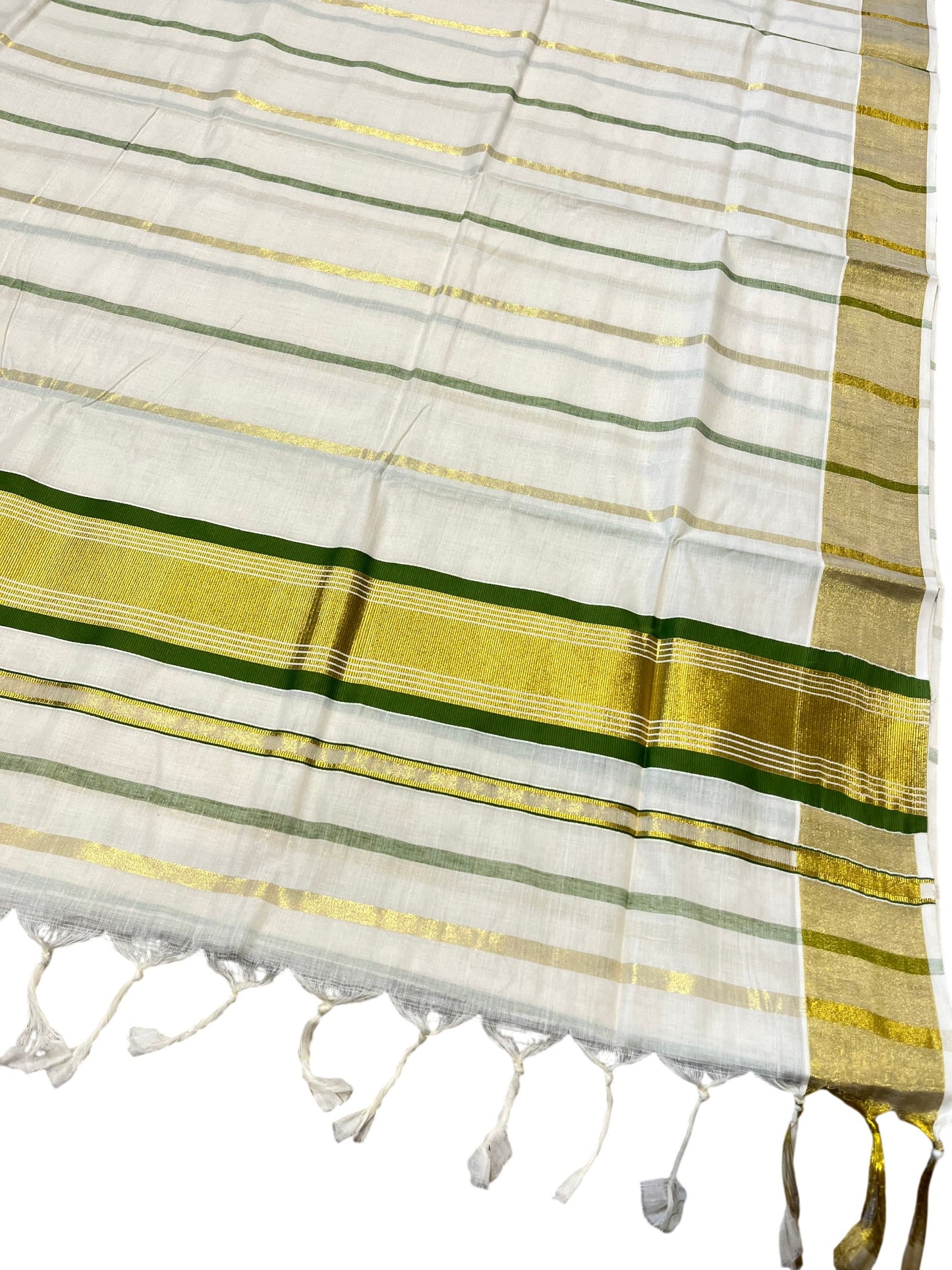 Southloom Kerala Cotton Kasavu Saree with Gold And Olive Green Lines on Body