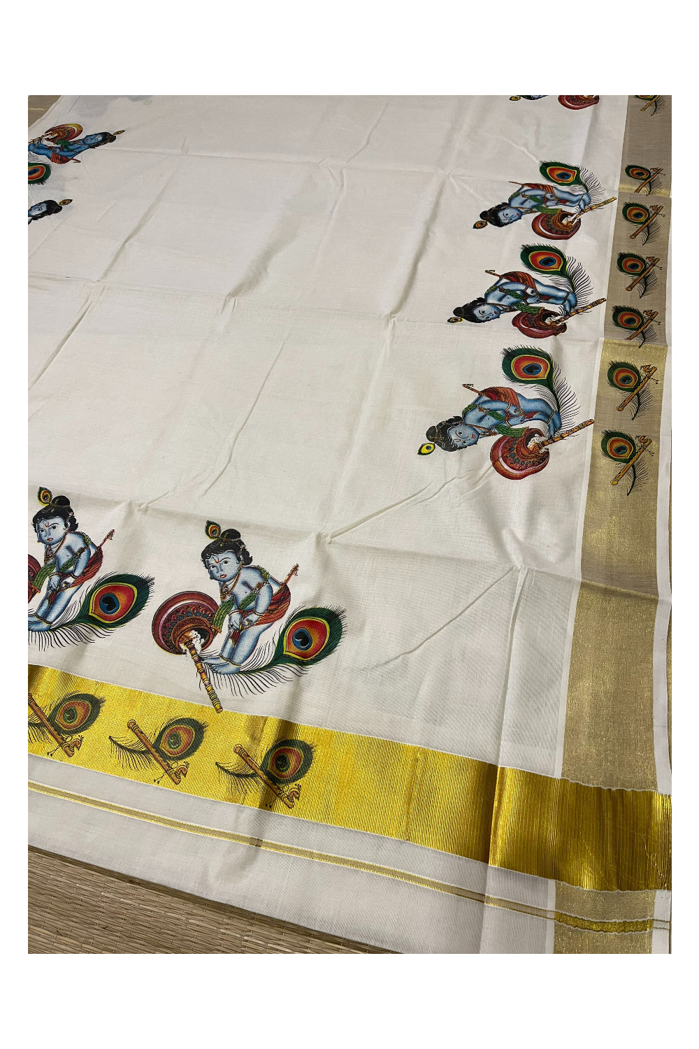 Pure Cotton Kerala Kasavu Saree with Baby Krishna Mural Printed Design