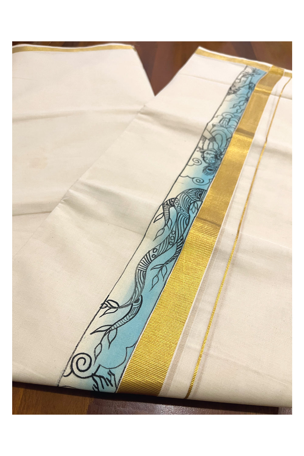 Pure Cotton Kasavu Mundu with Mural Hand Painted Border (Onam Mundu 2023)