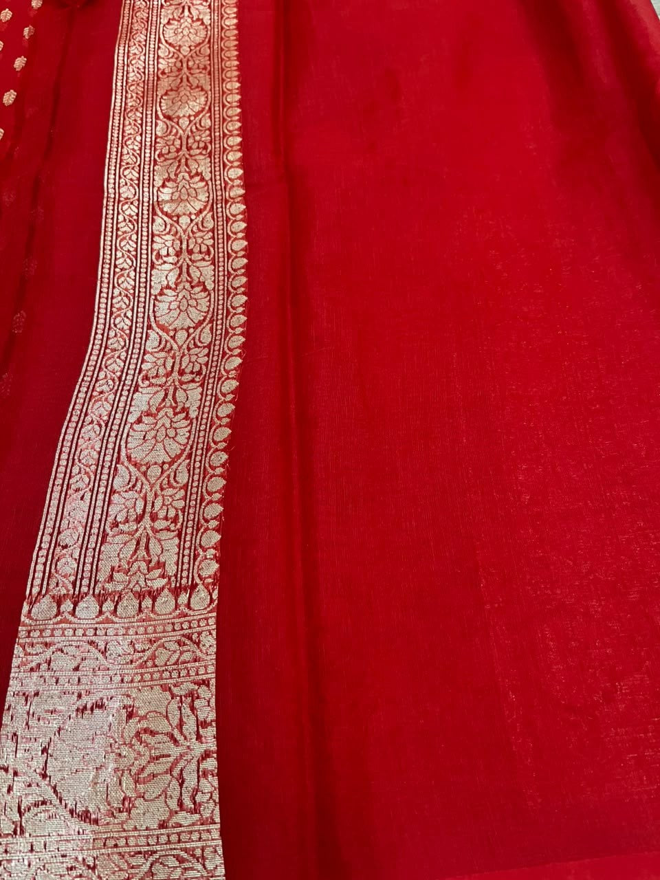 Southloom Cotton Banarasi Silk Saree with Woven Work on Body and Borders (Red)