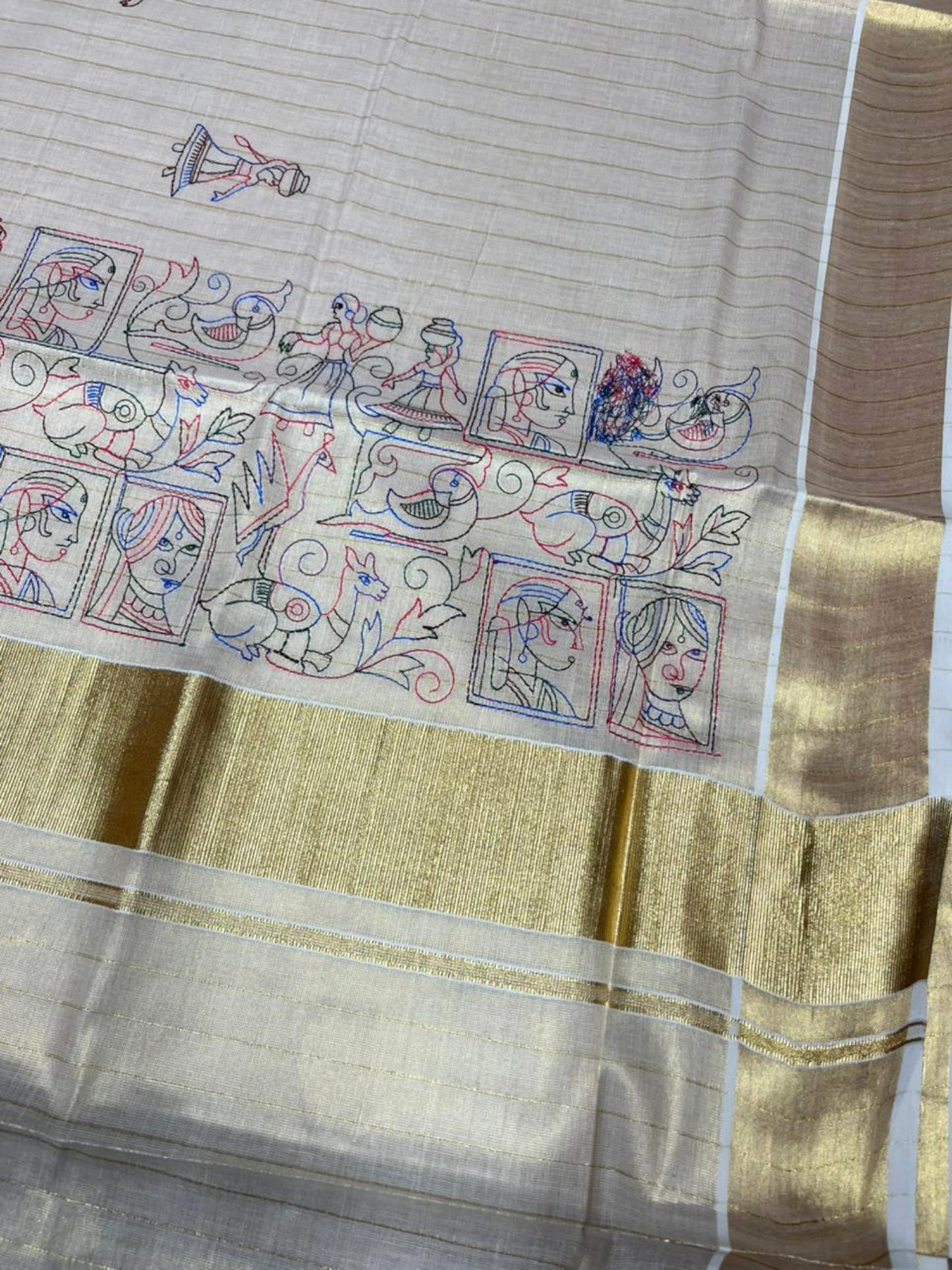 Southloom Tissue Kerala Kasavu Lines Saree with Kantha Embroidery Work on Body SL322
