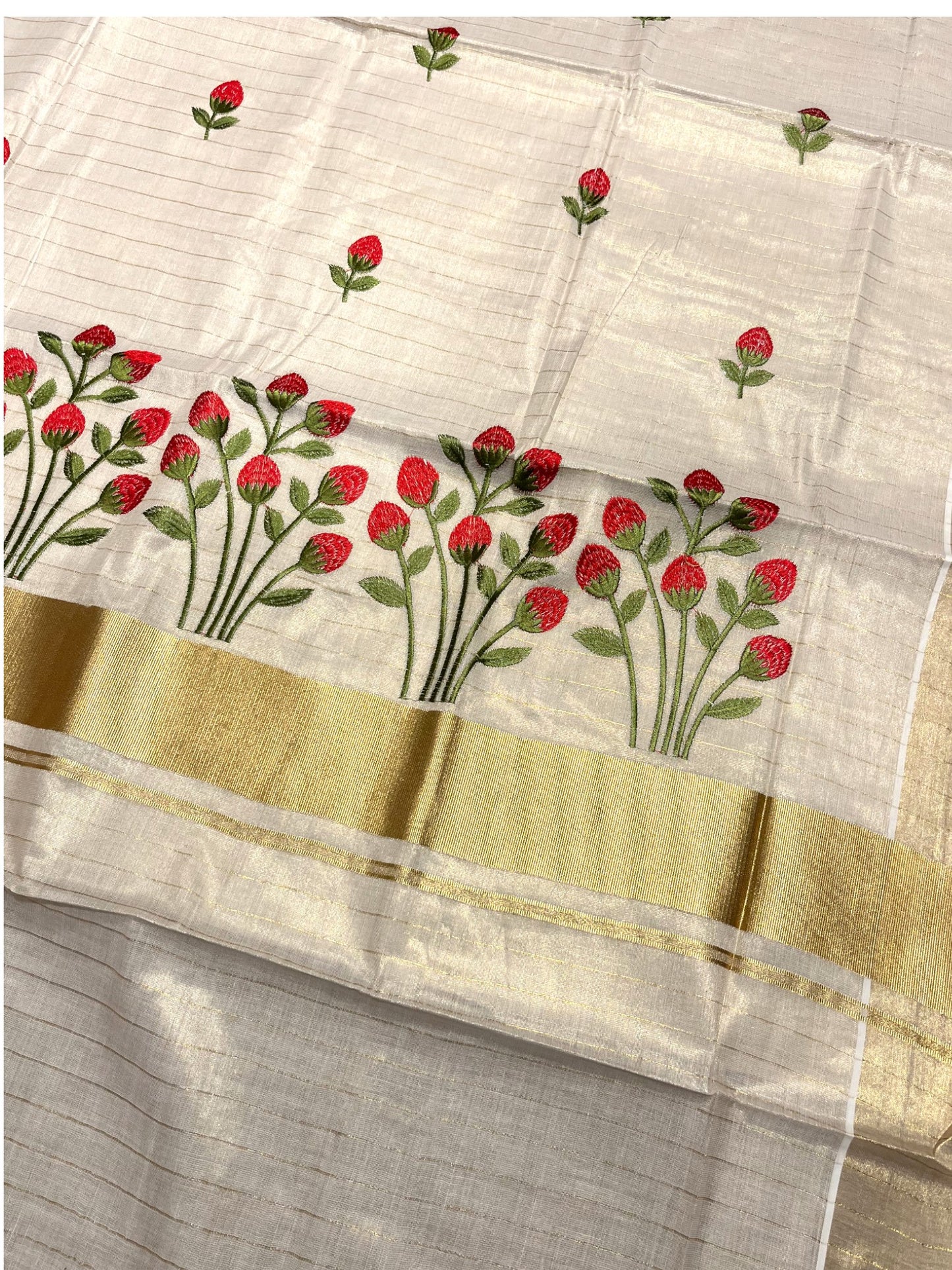 Southloom Tissue Kerala Kasavu Saree with Floral Embroidery Design