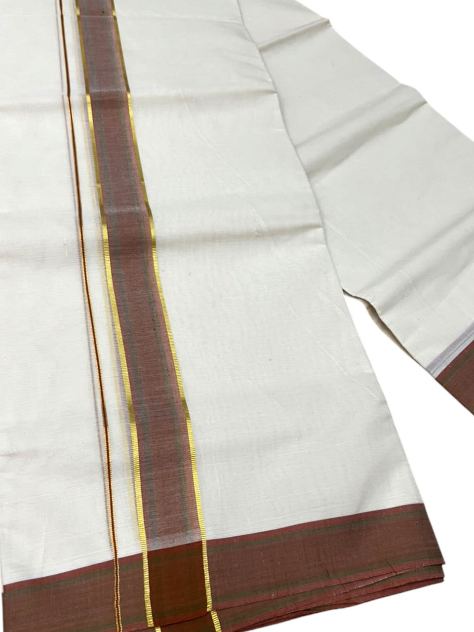Southloom Pure Cotton Mundu with Siver Lines and Brown Border (South Indian Kerala Dhoti)