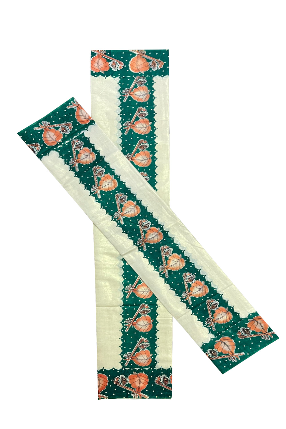 Kerala Tissue Kasavu Set Mundu (Mundum Neriyathum) with Flute and Leaf Mural Prints on Green Border (Onam Set Mundu 2023)