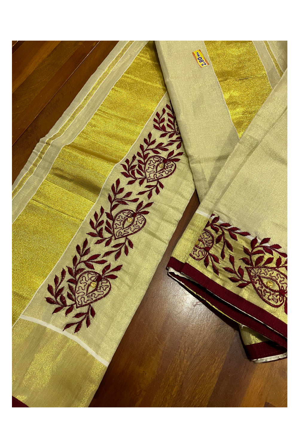 Kerala Tissue Kasavu Set Mundu (Mundum Neriyathum) with Handwork Embroidery Design and Maroon Blouse Piece