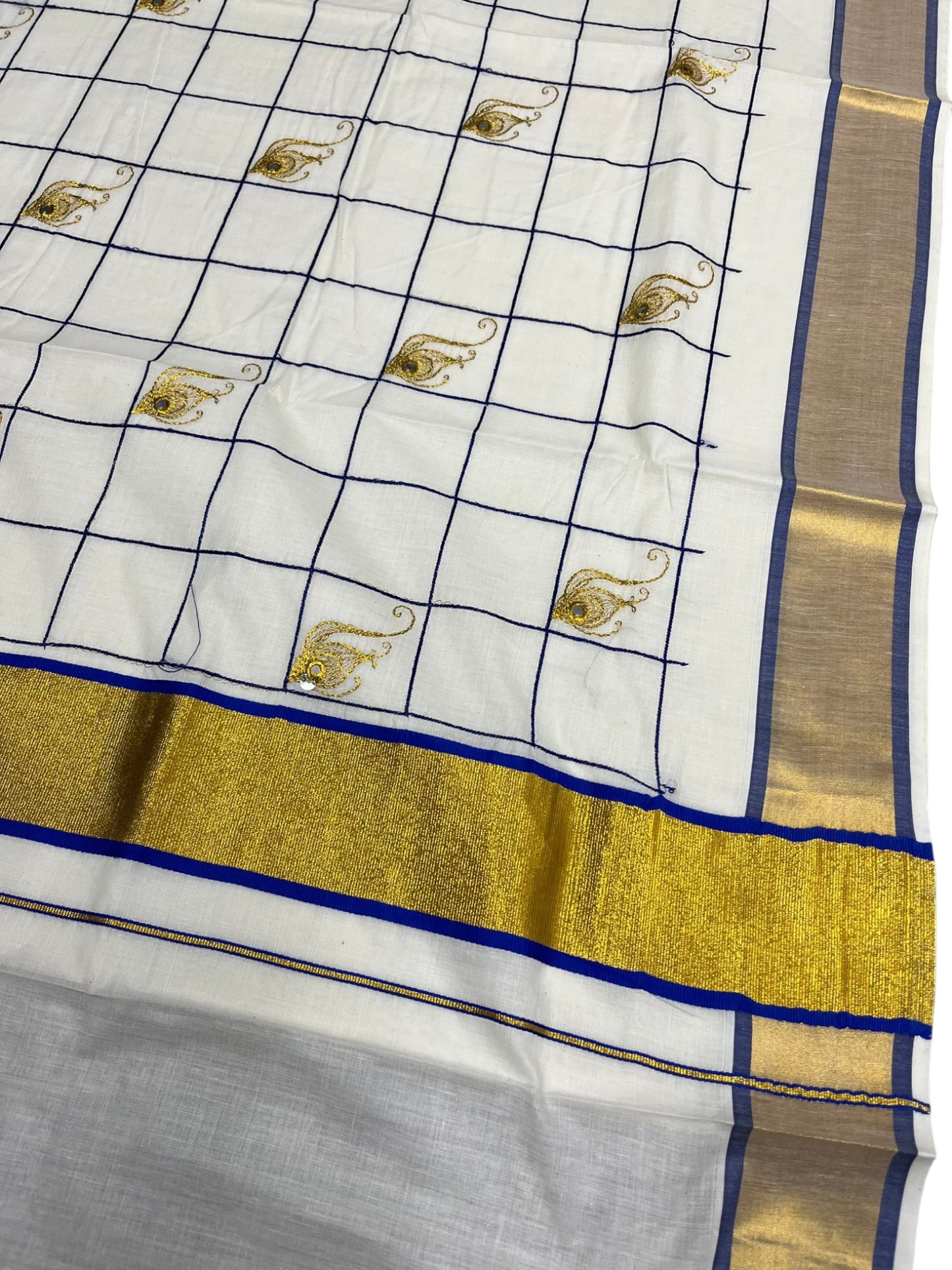 Southloom Cotton Kerala Kasavu Check Saree with Peacock Feather Embroidery Design in Blue