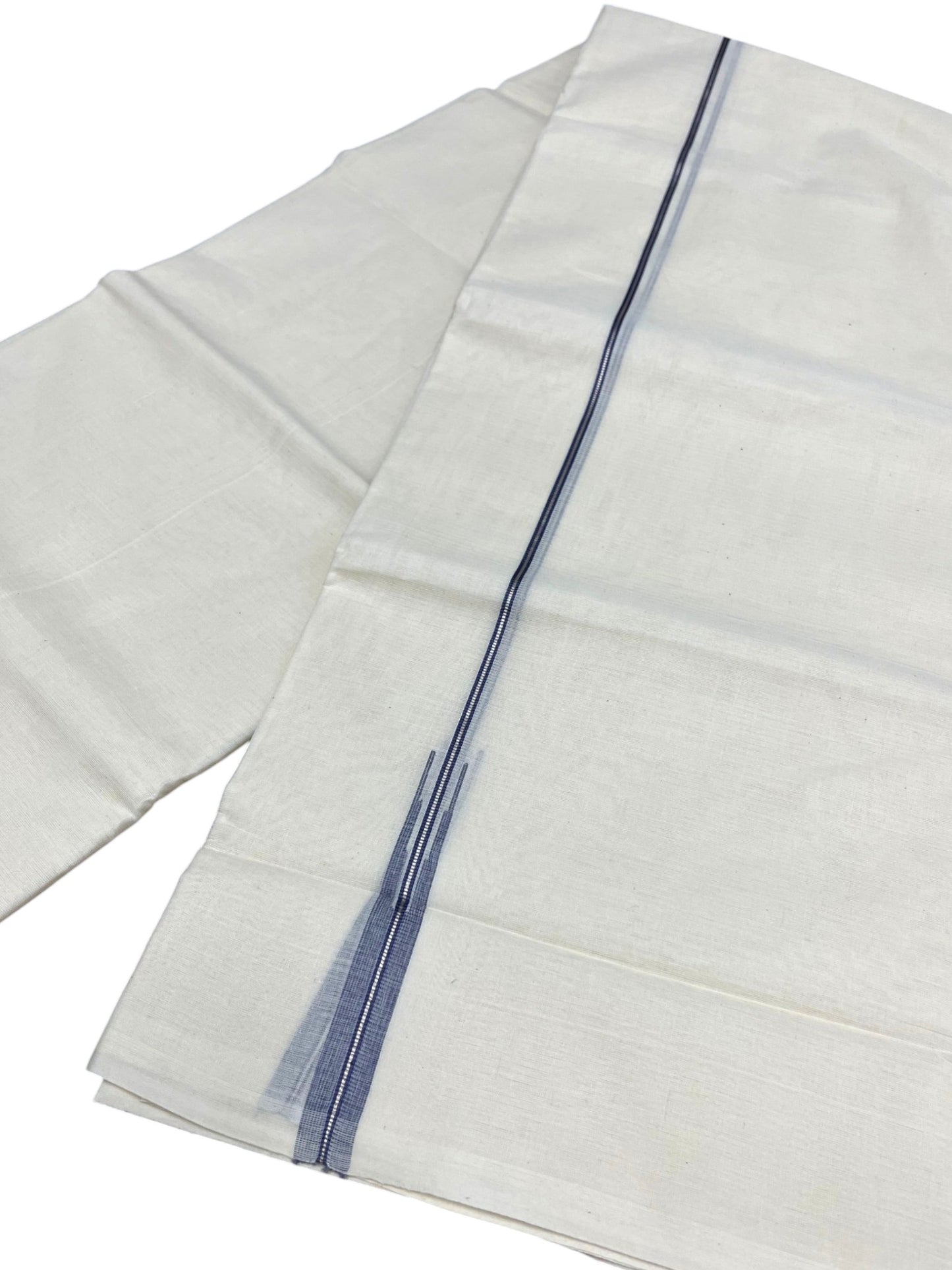 Kerala Pure Cotton Double Mundu with Blue And Silver Chutti Kara (South Indian Kerala Dhoti)