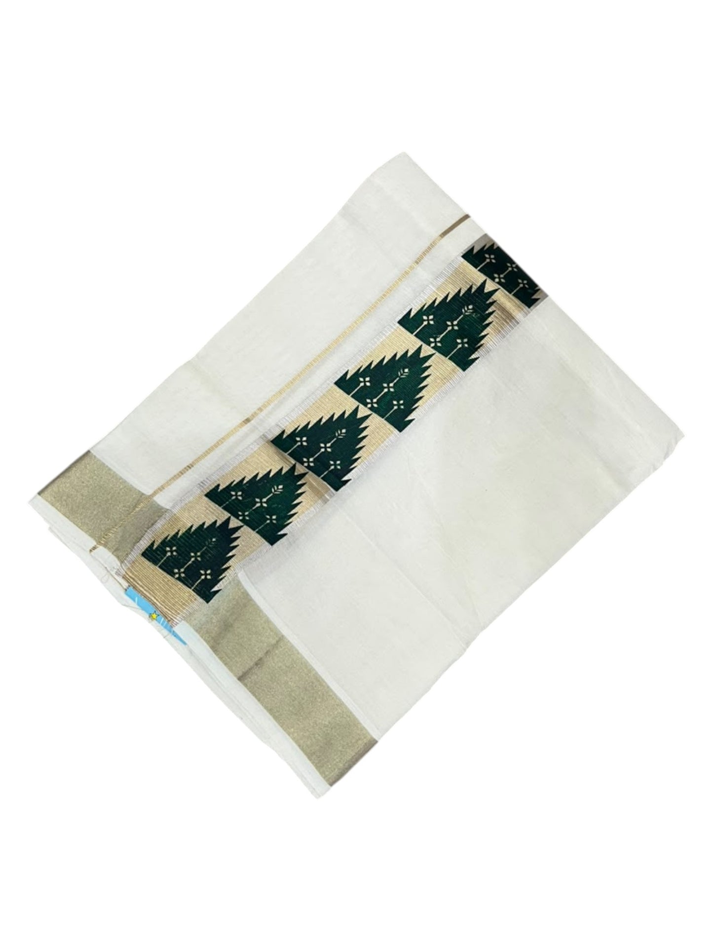 southloom Pure Cotton Double Mundu with Block Prints on Green Border (South Indian Dhoti)SL613