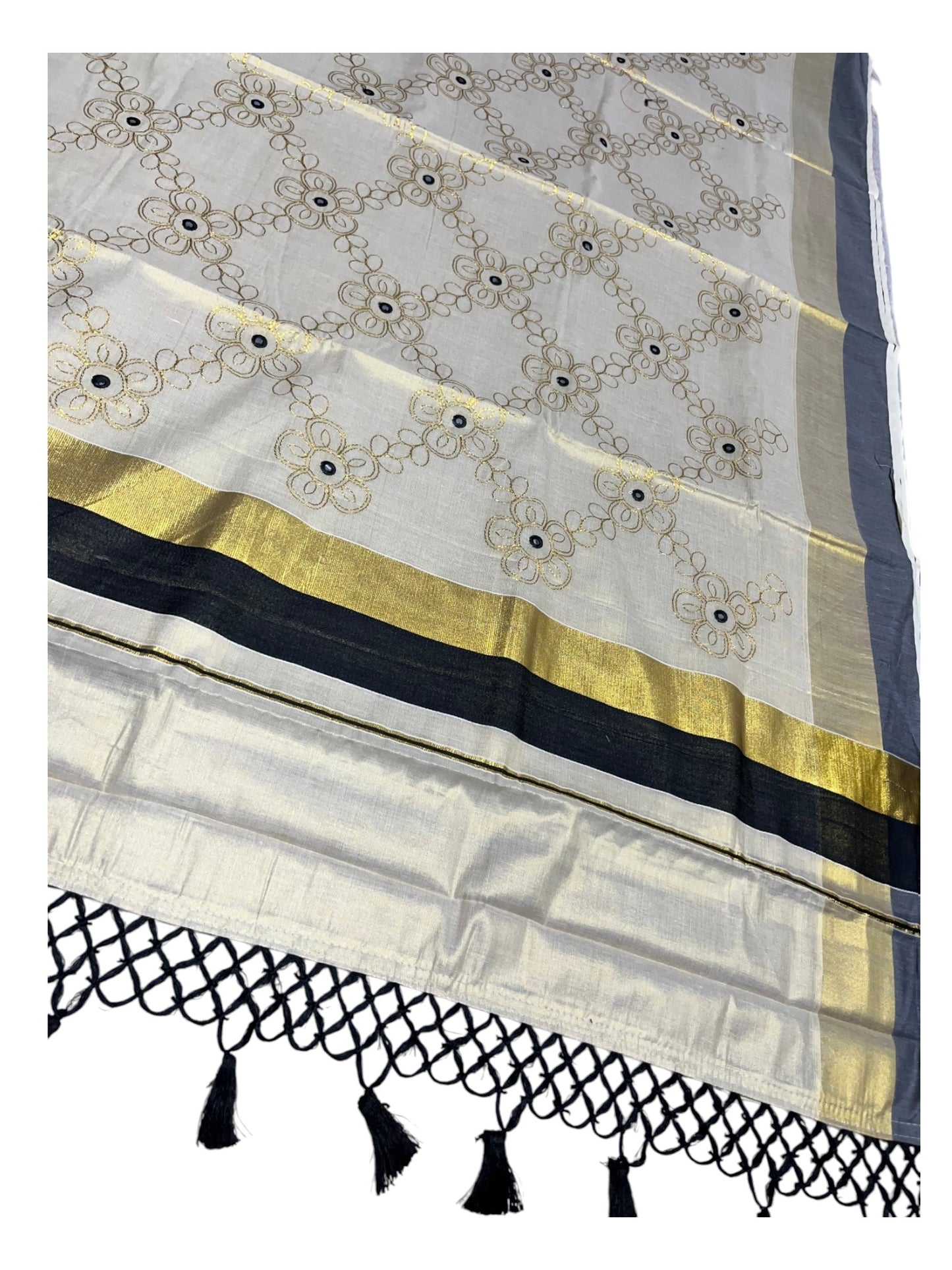 Kerala Tissue Kasavu Stripes Saree with Gold and Black Floral Embroidery Design on Body SL269