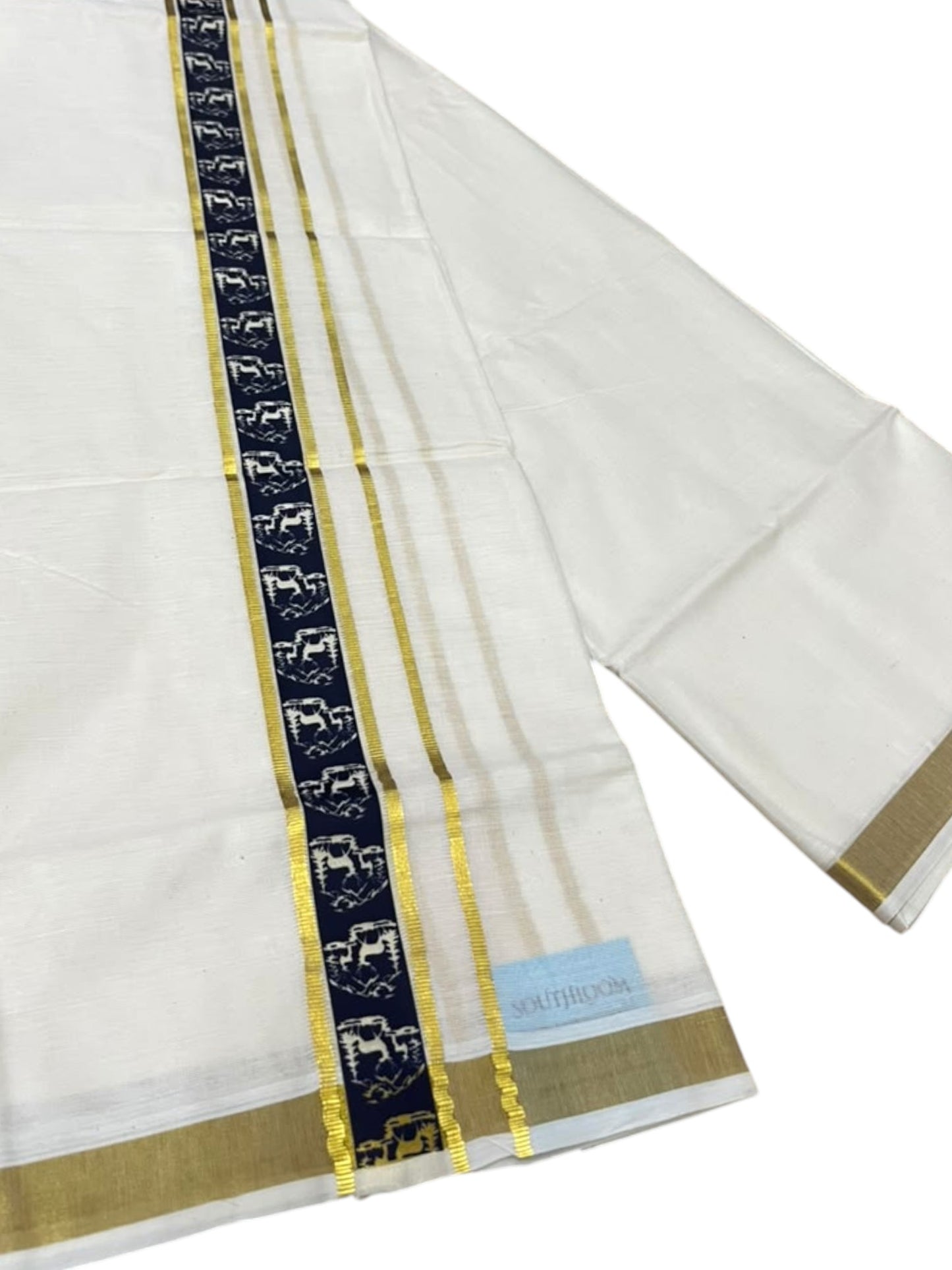 Southloom Pure Cotton Double Mundu with Blue Block Printed And Ksavu Border (South Indian Kerala Dhoti)