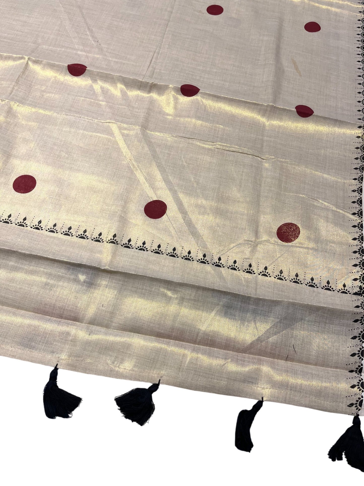 Southloom Kerala Tissue Kasavu Saree With Maroon Polka Dots on Body