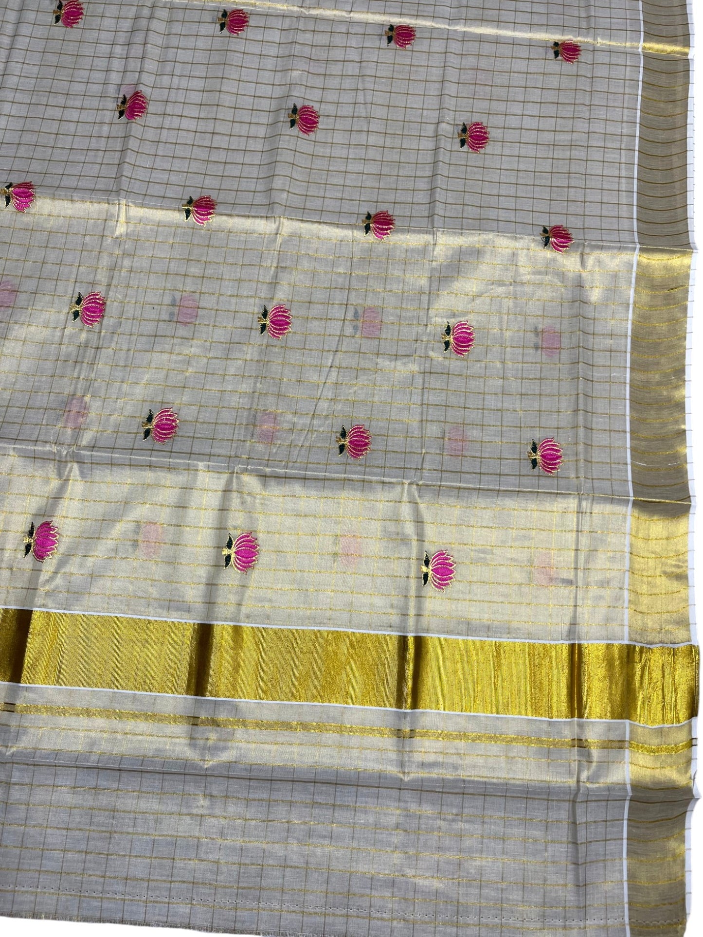 Southloom Kerala Tissue Kasavu Check Saree with Pink And Green Lotus Embroidary Works on Body