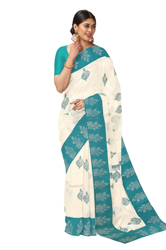 Pure Cotton Onam 2023 Kerala Saree with Hand Block Turquoise Batik Prints