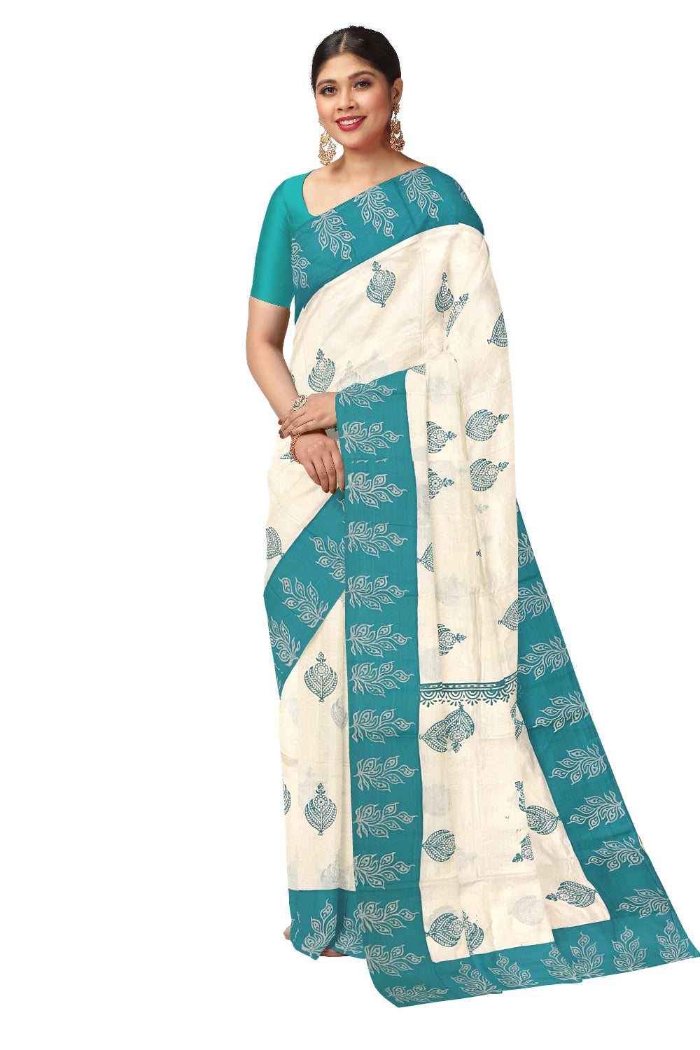 Pure Cotton Onam 2023 Kerala Saree with Hand Block Turquoise Batik Prints